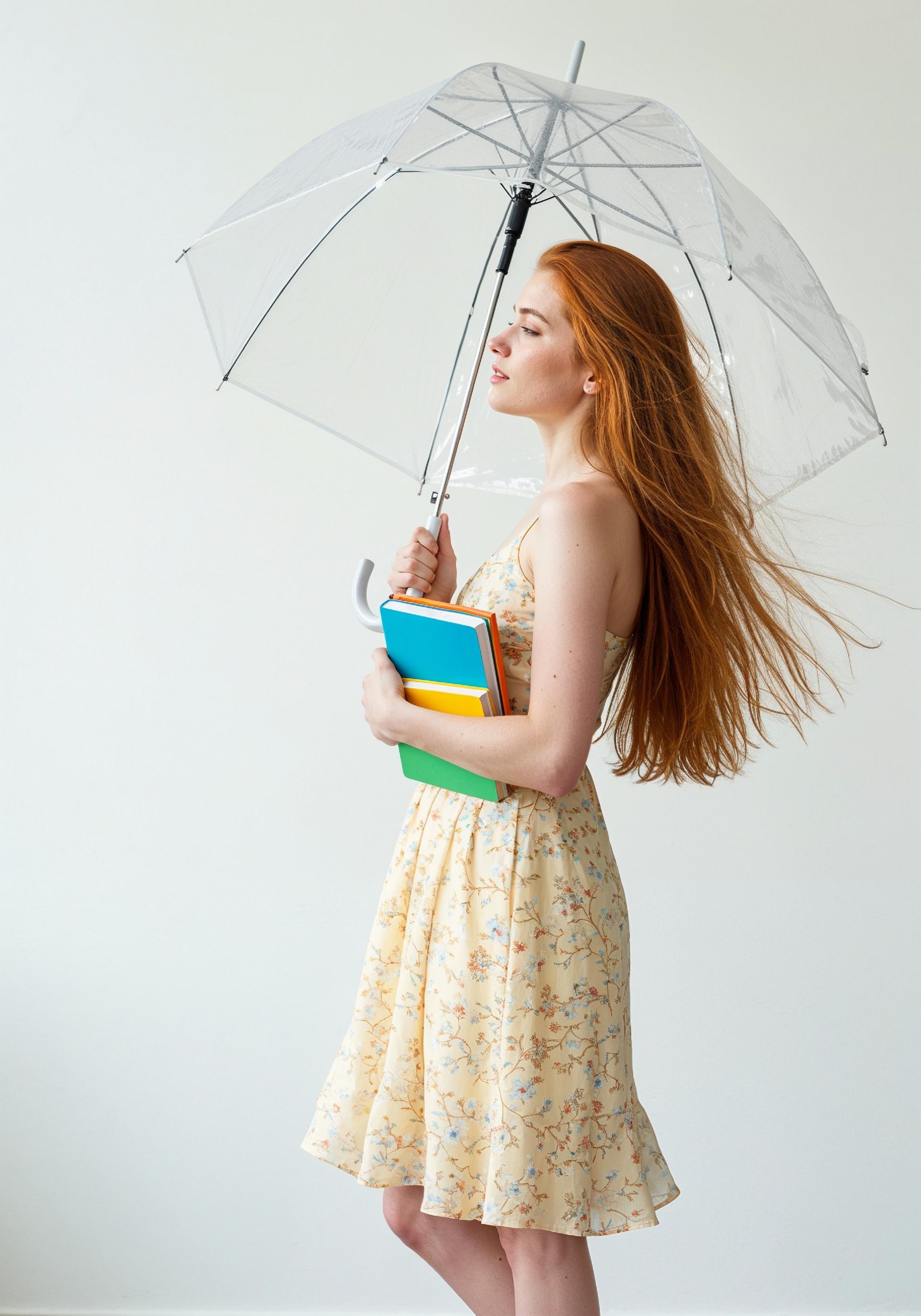 Beautiful Young Woman Holding Colorful Umbrella and Books Student Lifestyle Portrait