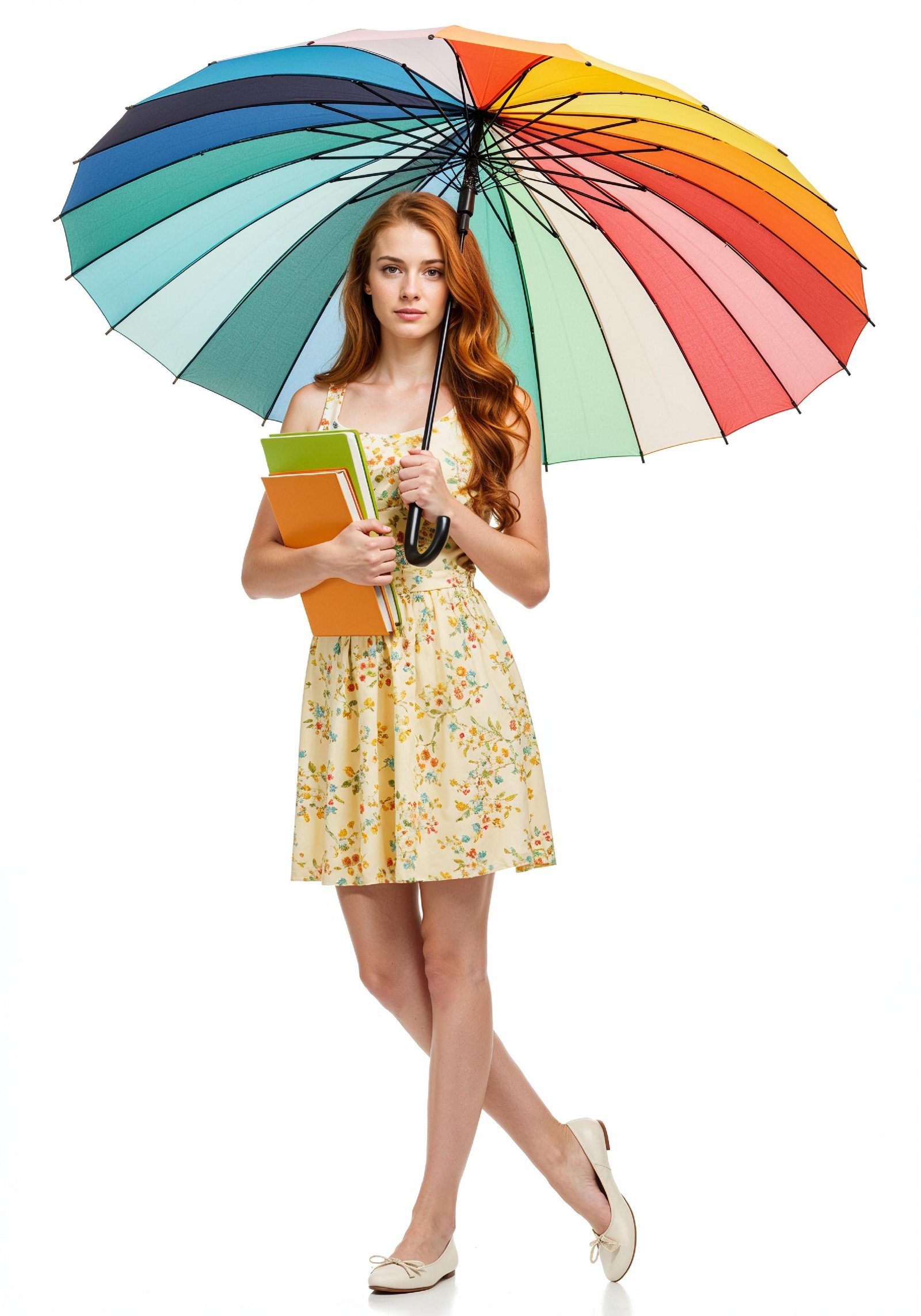 Beautiful Young Woman Holding Colorful Umbrella and Books Student Lifestyle Portrait