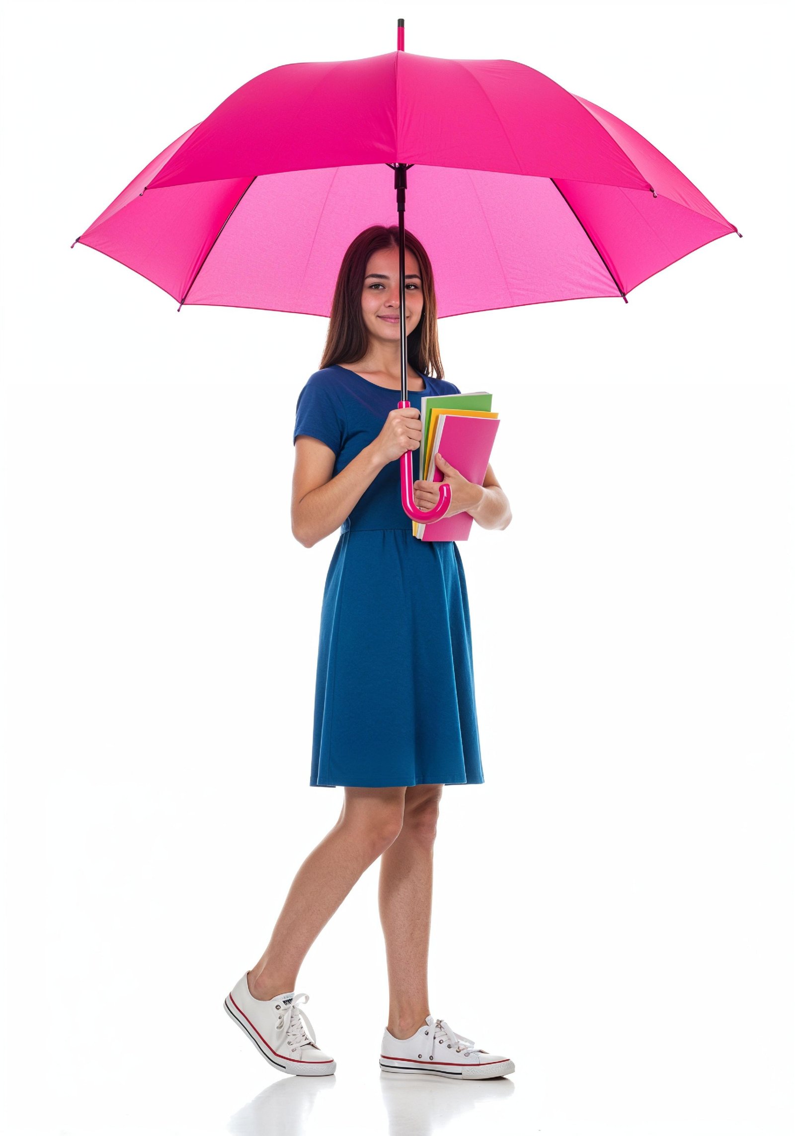 Beautiful Young Woman Holding Colorful Umbrella and Books Student Lifestyle Portrait