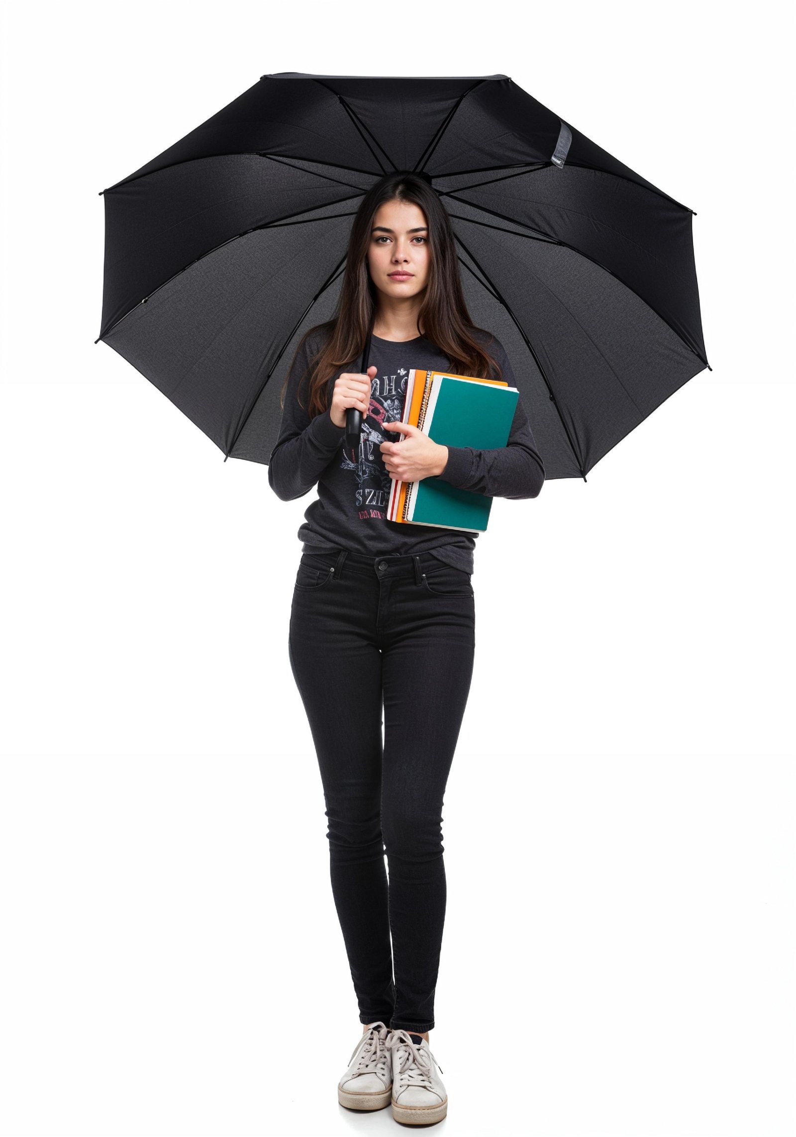 Beautiful Young Woman Holding Colorful Umbrella and Books Student Lifestyle Portrait