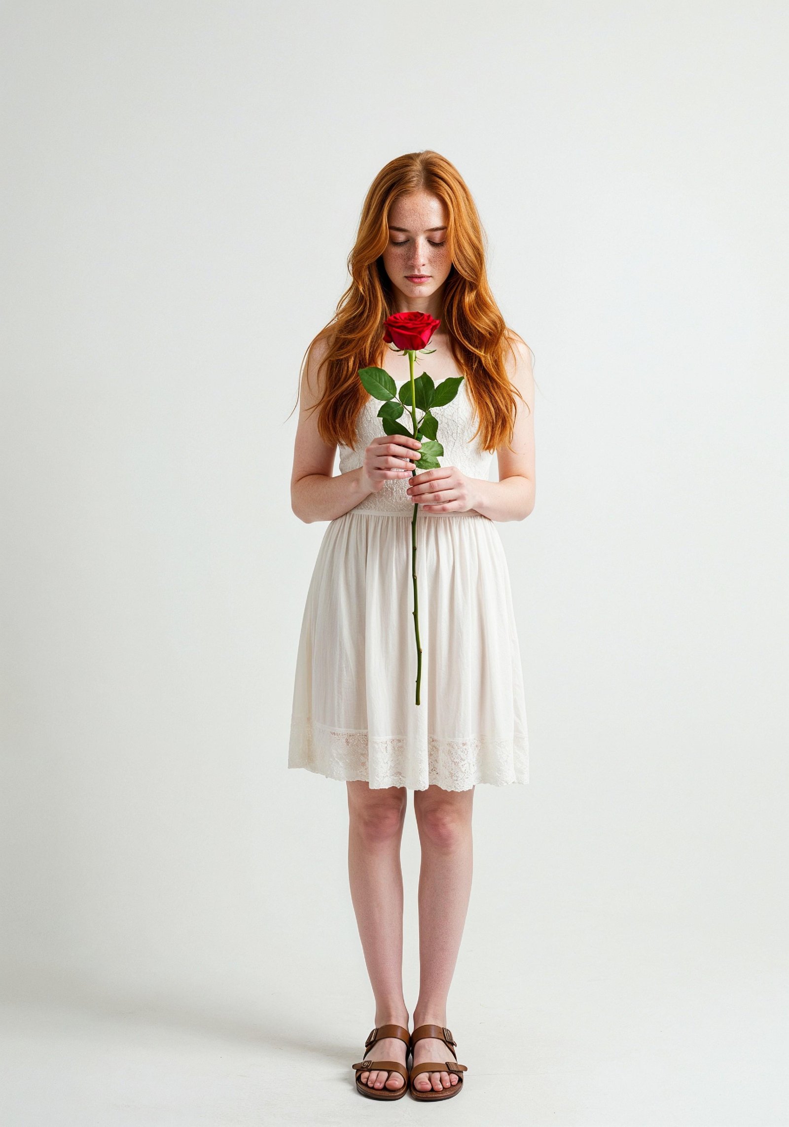 Beautiful Young Woman Holding Red Rose in Elegant Dress Romantic Portrait