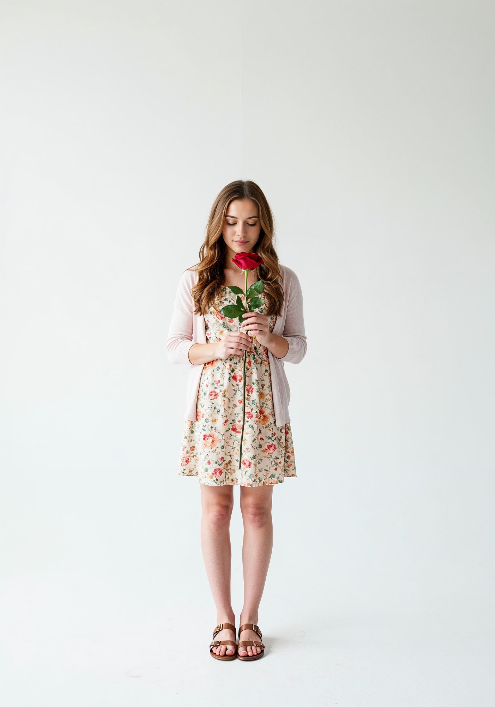 Beautiful Young Woman Holding Red Rose in Elegant Dress Romantic Portrait