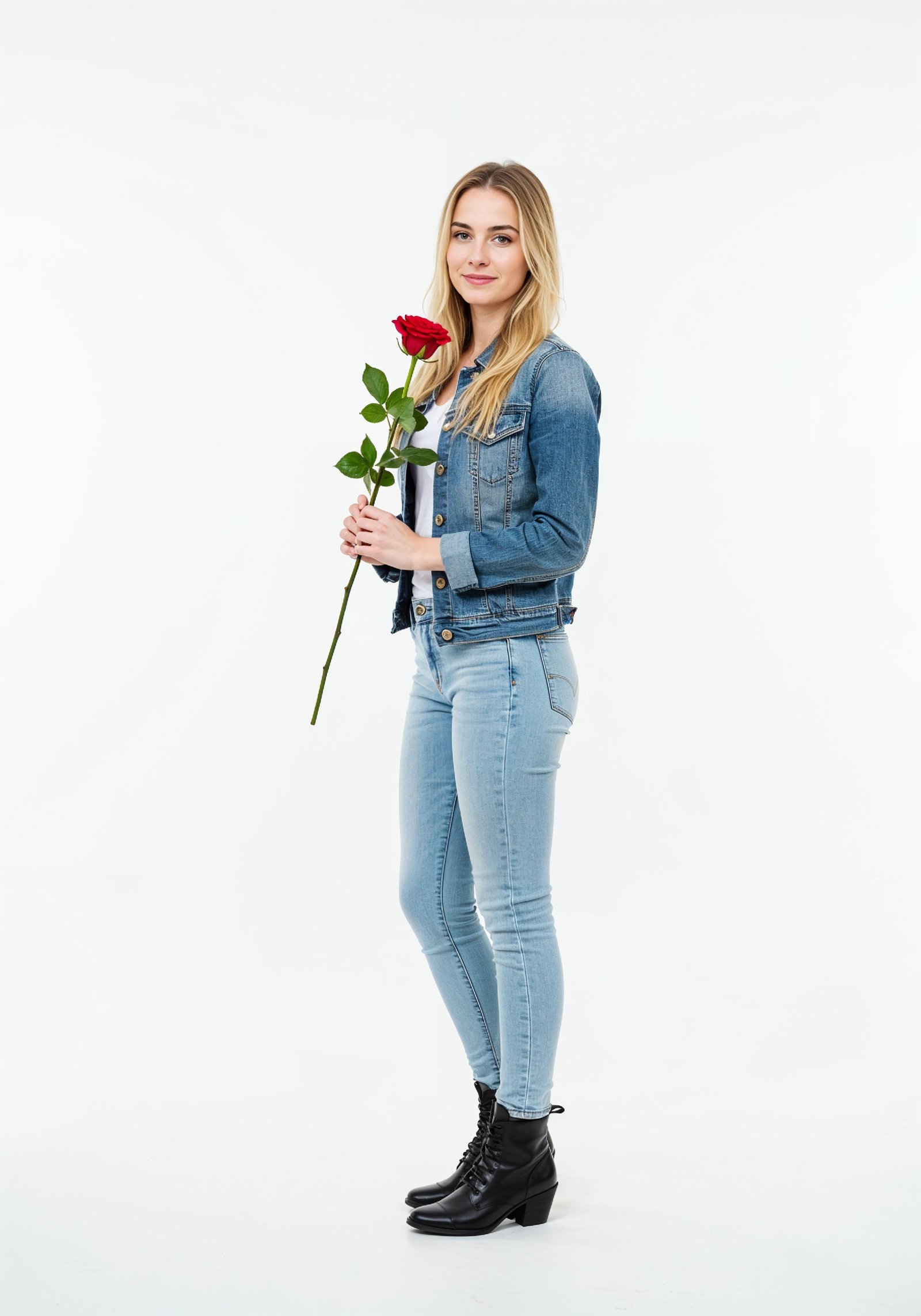 Beautiful Young Woman Holding Red Rose in Elegant Dress Romantic Portrait