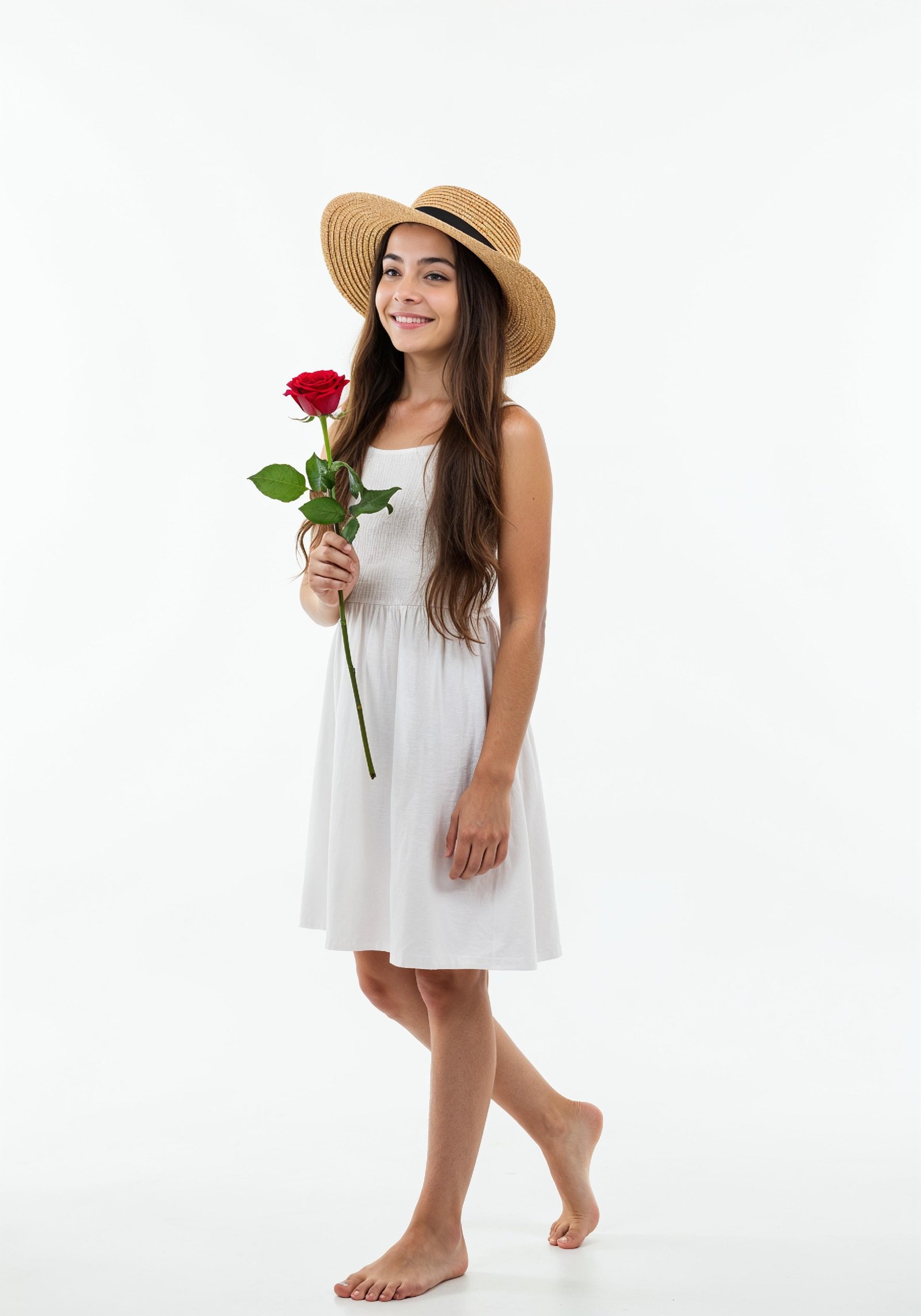 Beautiful Young Woman Holding Red Rose in Elegant Dress Romantic Portrait