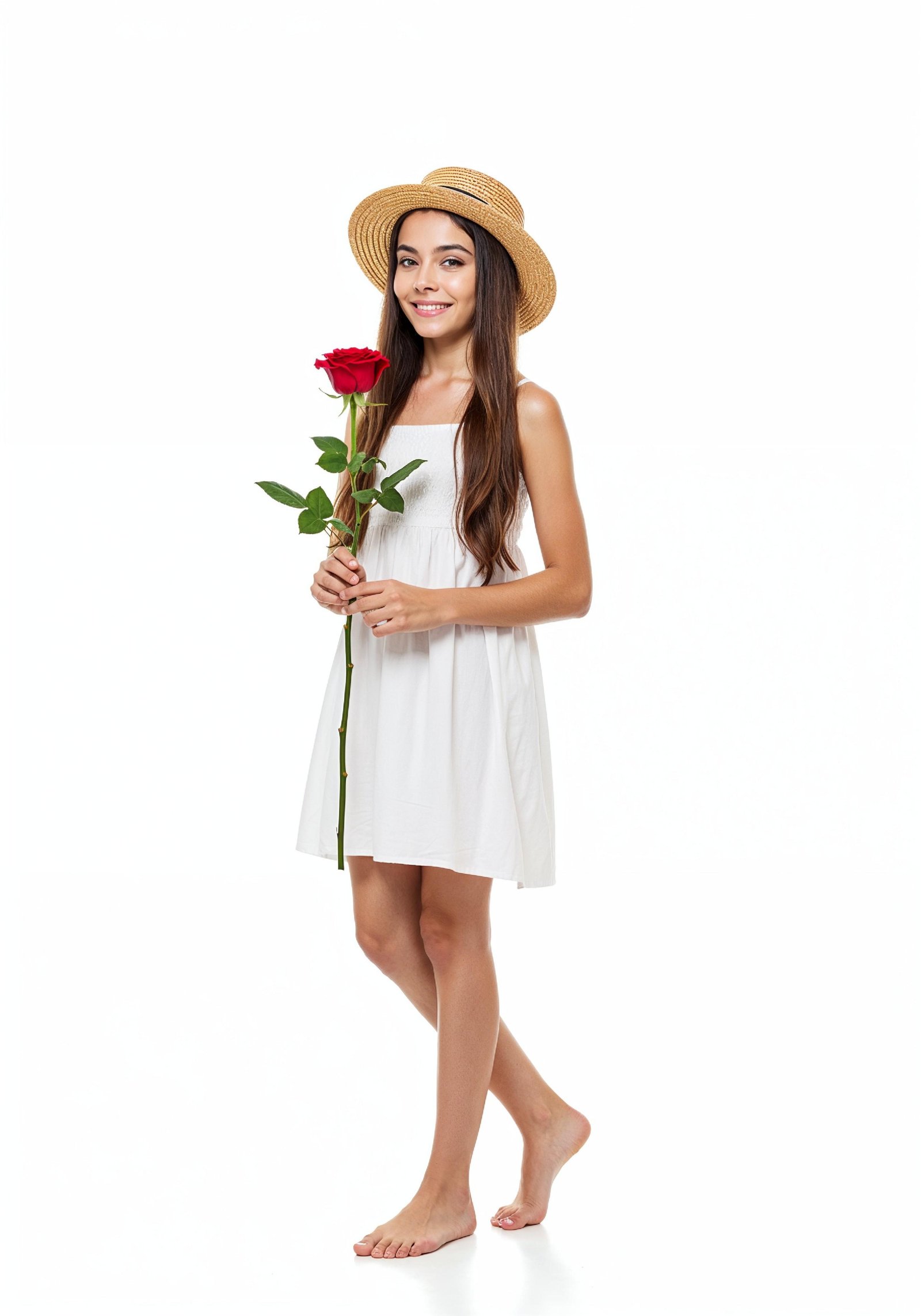 Beautiful Young Woman Holding Red Rose in Elegant Dress Romantic Portrait