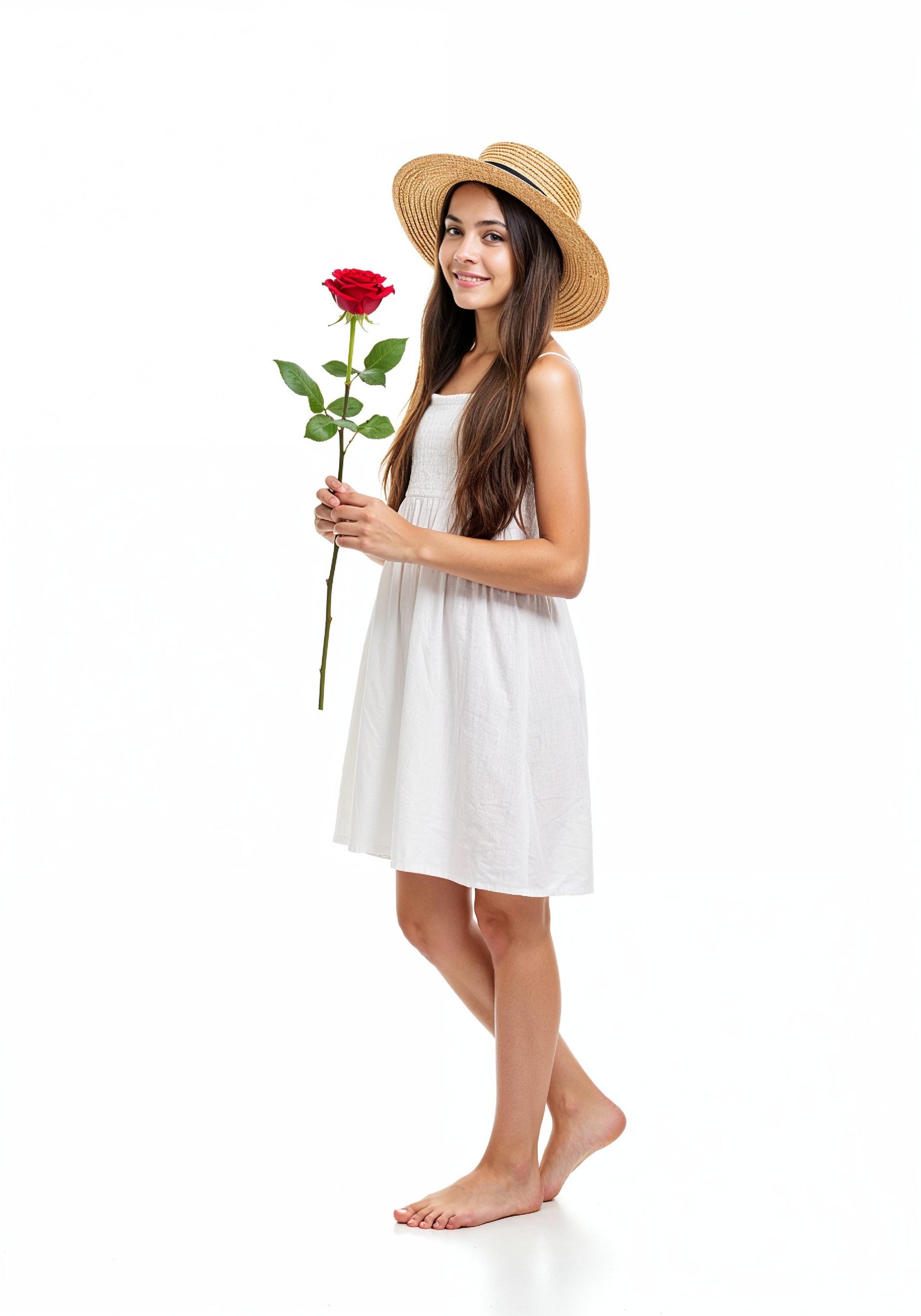 Beautiful Young Woman Holding Red Rose in Elegant Dress Romantic Portrait