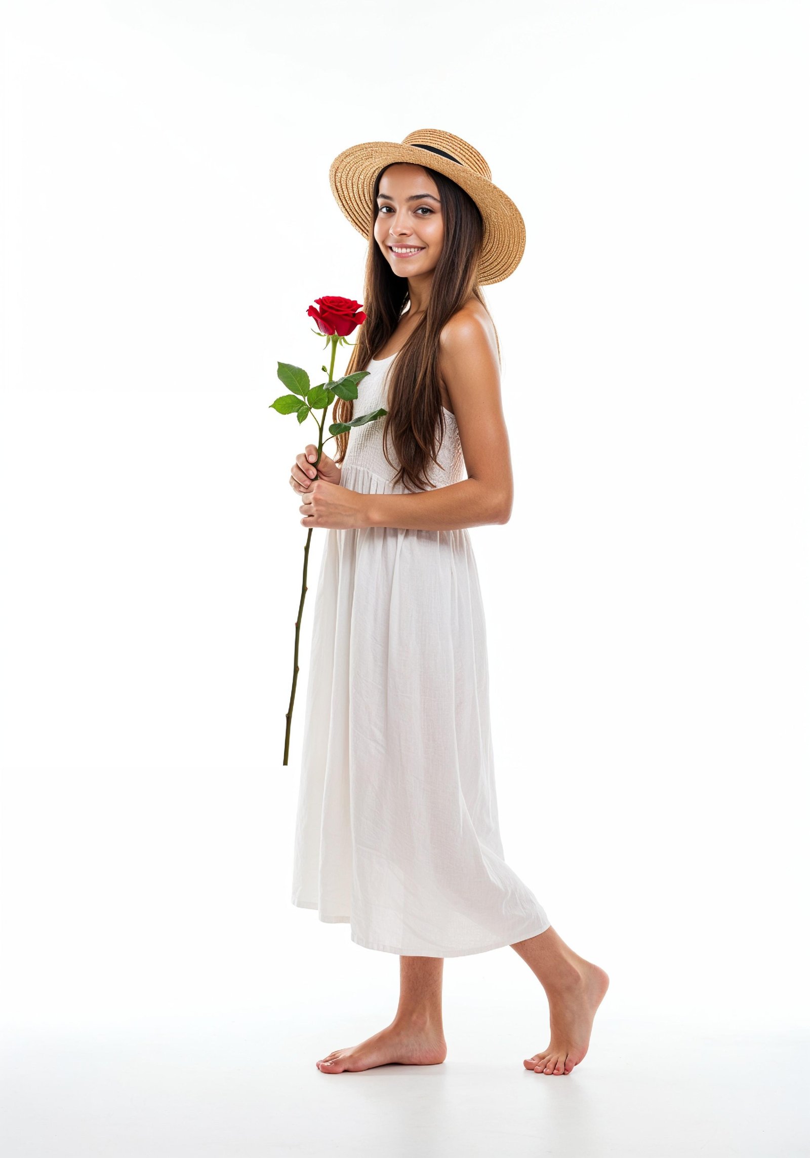 Beautiful Young Woman Holding Red Rose in Elegant Dress Romantic Portrait