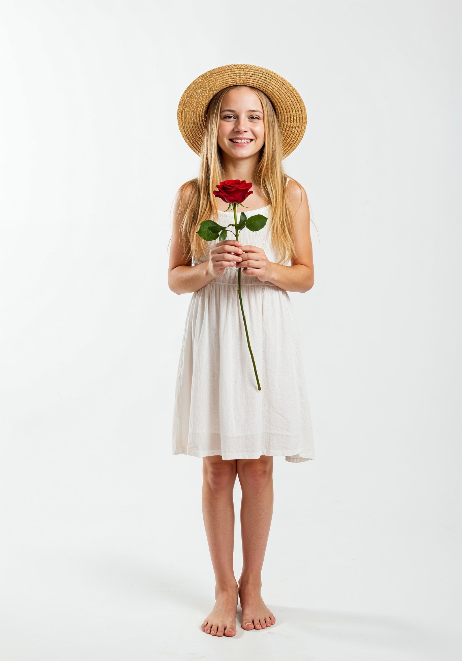 Beautiful Young Woman Holding Red Rose in Elegant Dress Romantic Portrait