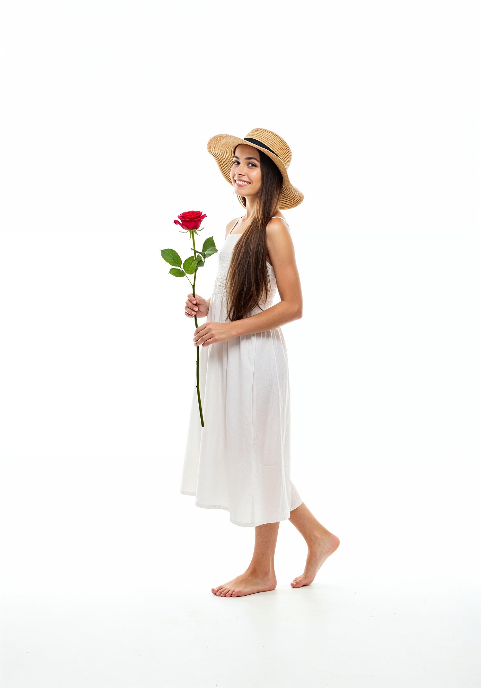 Beautiful Young Woman Holding Red Rose in Elegant Dress Romantic Portrait