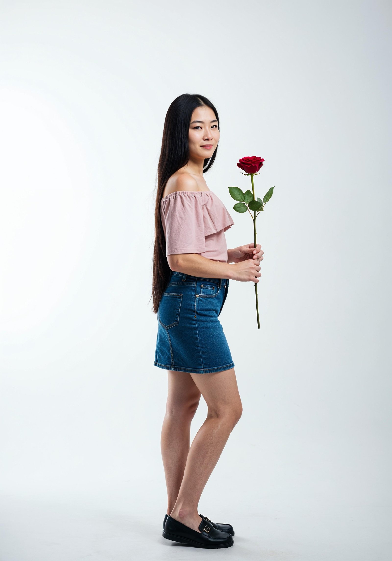 Beautiful Young Woman Holding Red Rose in Elegant Dress Romantic Portrait