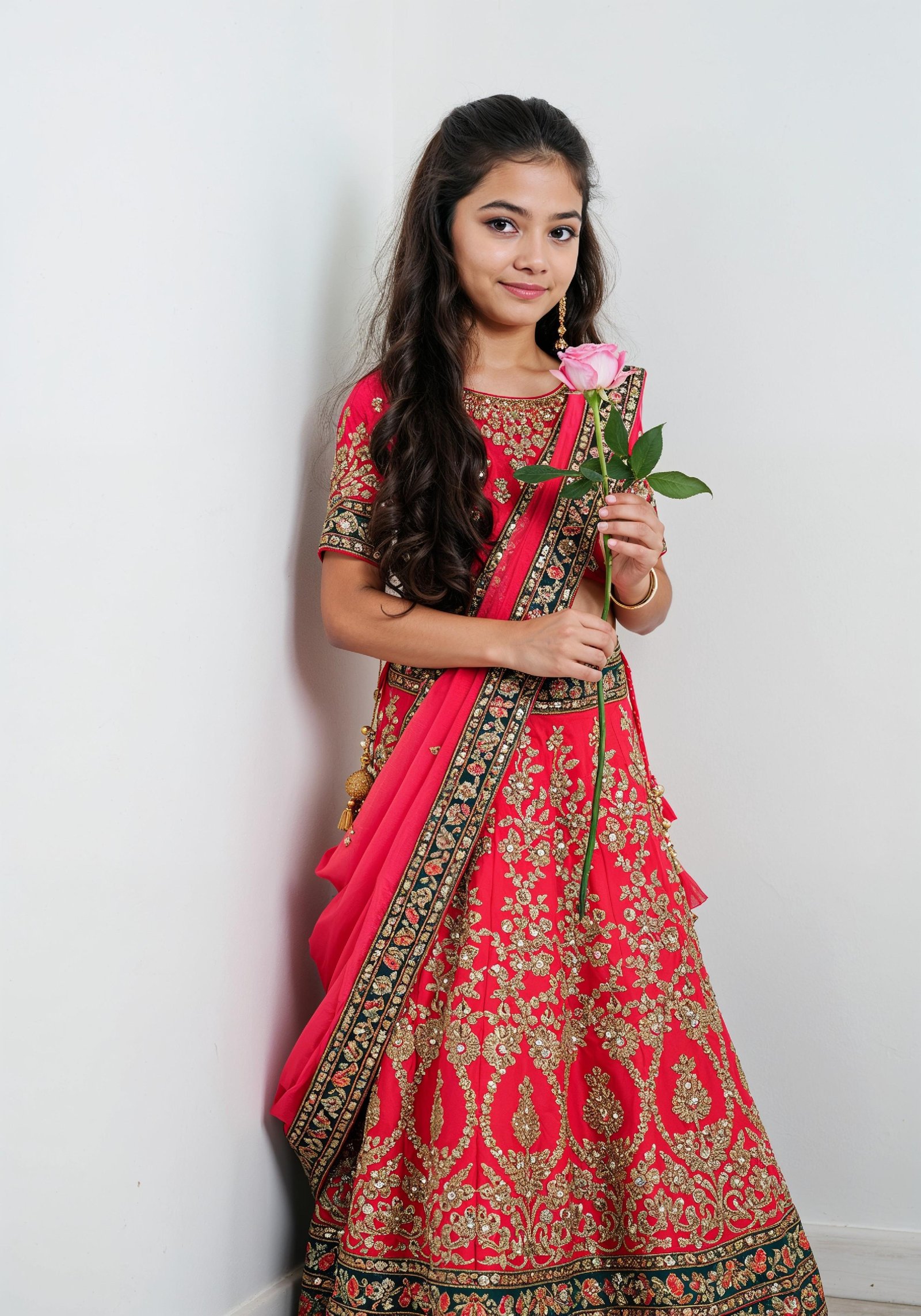 Beautiful Young Woman Holding Red Rose in Elegant Dress Romantic Portrait