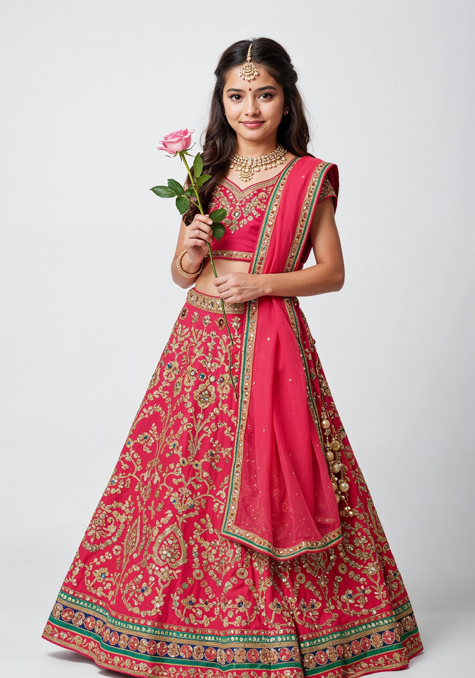 Beautiful Young Woman Holding Red Rose in Elegant Dress Romantic Portrait