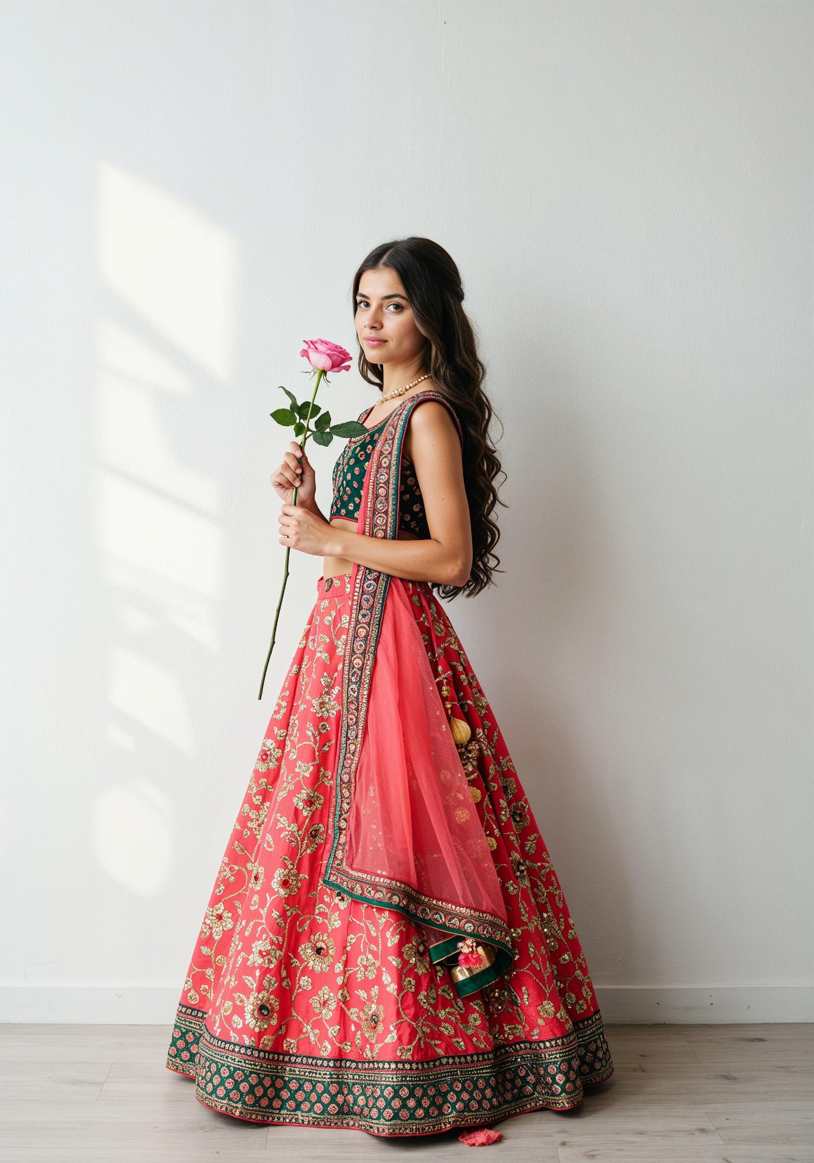 Beautiful Young Woman Holding Red Rose in Elegant Dress Romantic Portrait