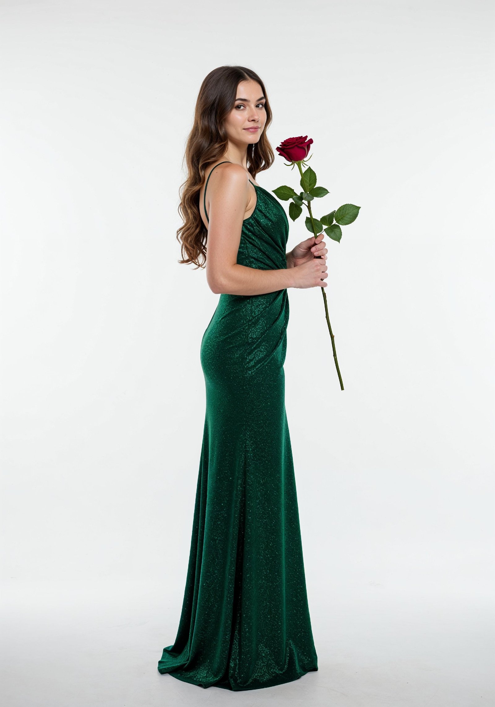 Beautiful Young Woman Holding Red Rose in Elegant Dress Romantic Portrait