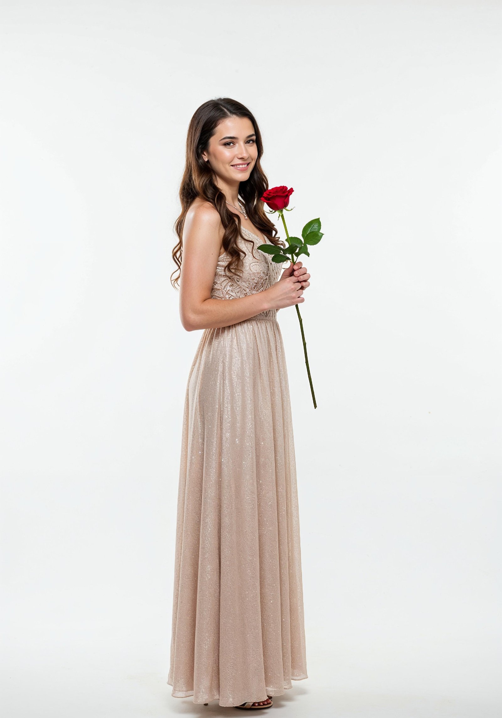 Beautiful Young Woman Holding Red Rose in Elegant Dress Romantic Portrait