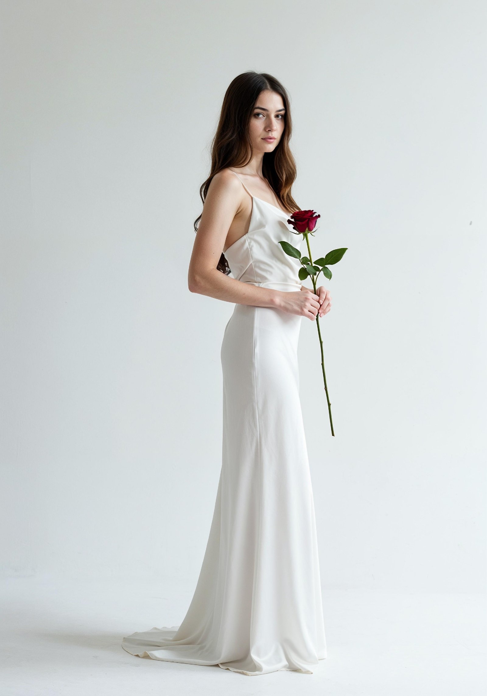 Beautiful Young Woman Holding Red Rose in Elegant Dress Romantic Portrait