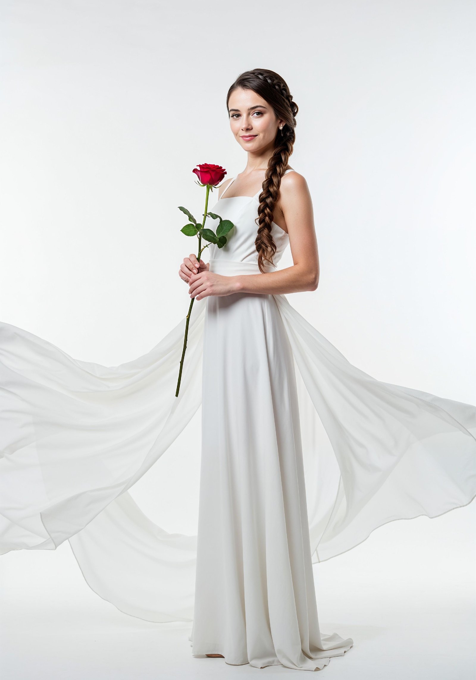 Beautiful Young Woman Holding Red Rose in Elegant Dress Romantic Portrait