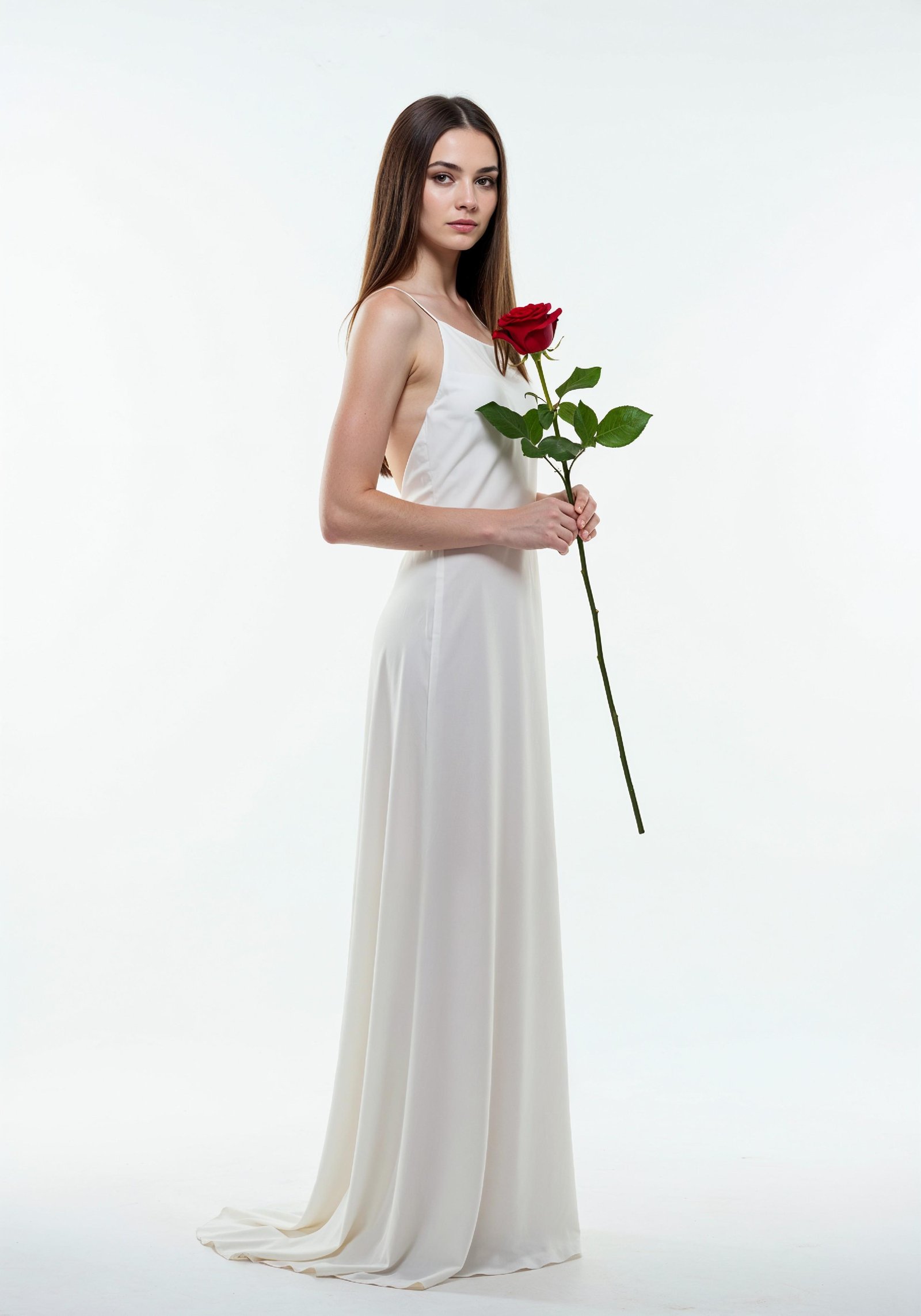 Beautiful Young Woman Holding Red Rose in Elegant Dress Romantic Portrait