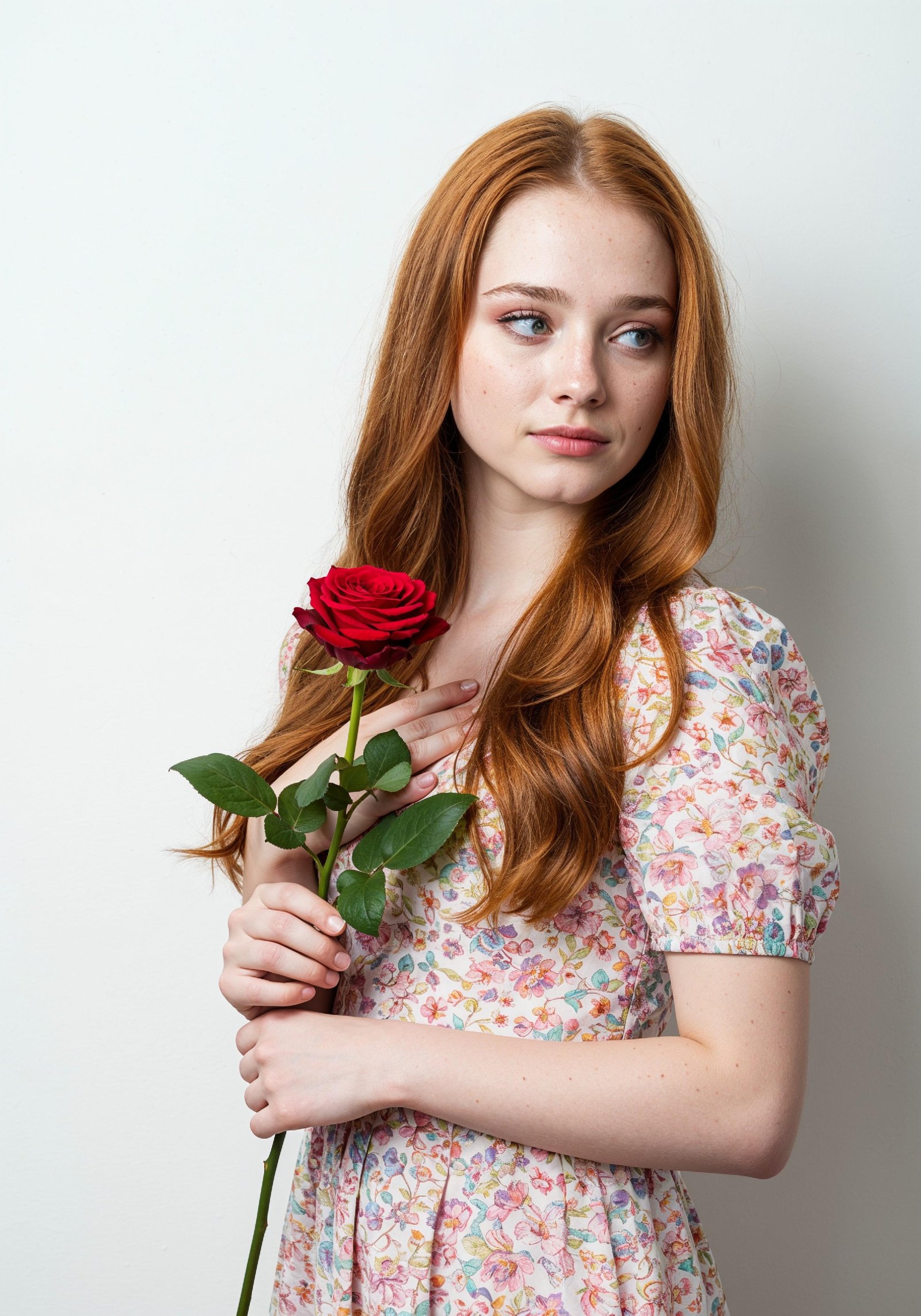 Beautiful Young Woman Holding Red Rose in Elegant Dress Romantic Portrait