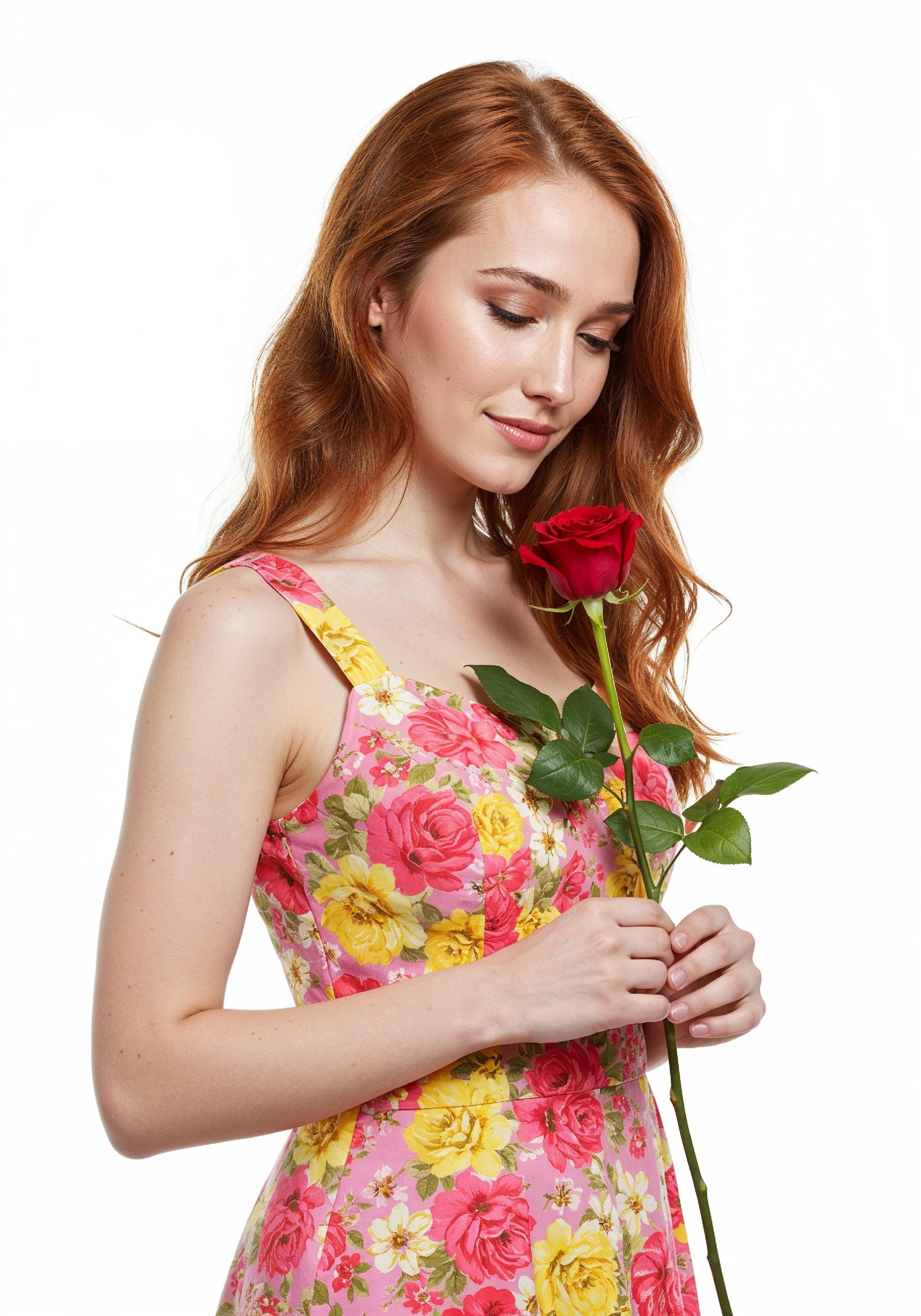 Beautiful Young Woman Holding Red Rose in Elegant Dress Romantic Portrait