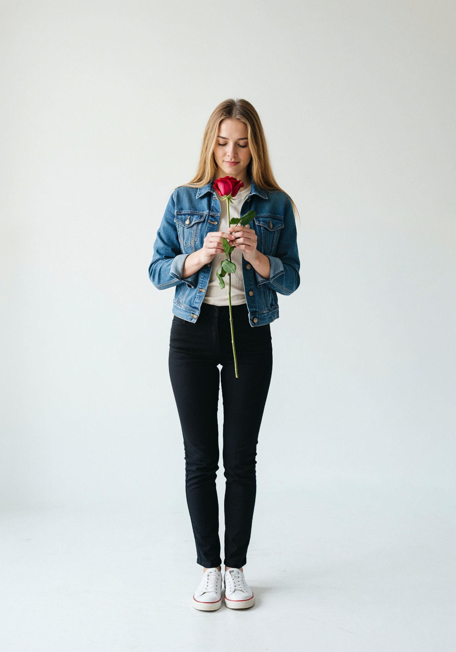 Beautiful Young Woman Holding Red Rose in Elegant Dress Romantic Portrait