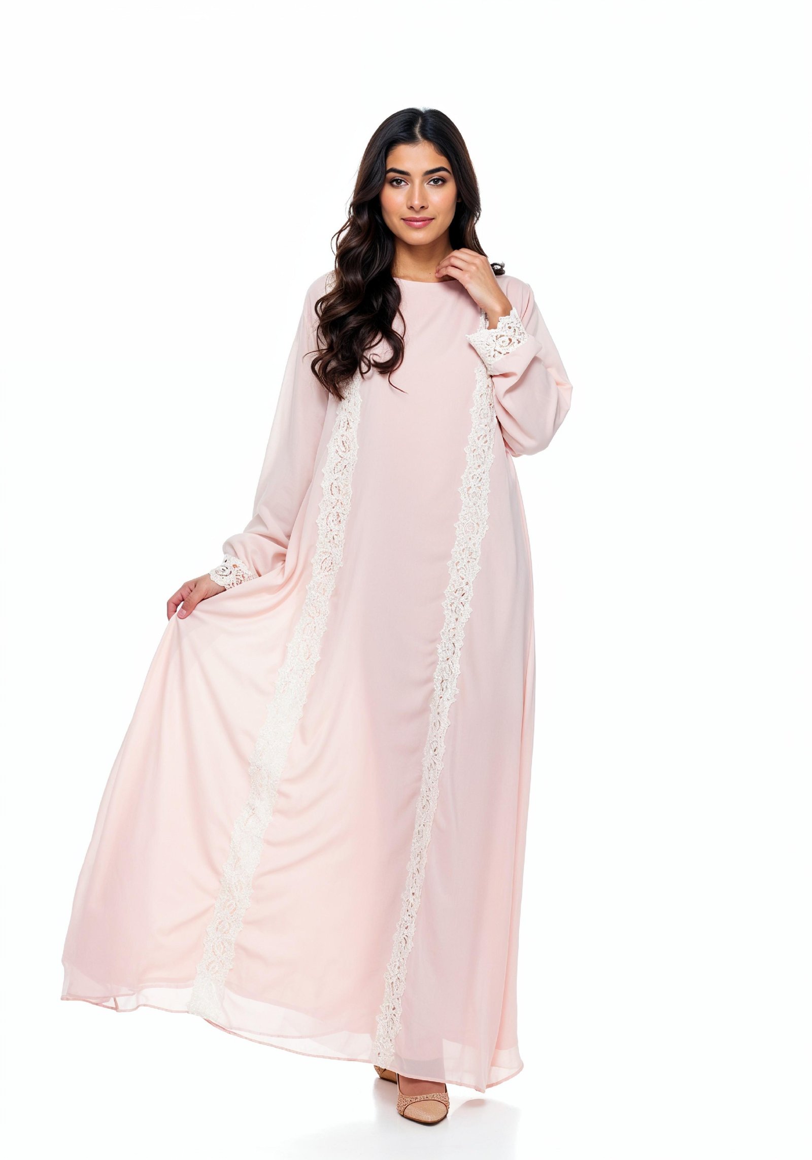 Beautiful Young Woman in Flowing Pastel Colored Modest Dress Fashion Portrait