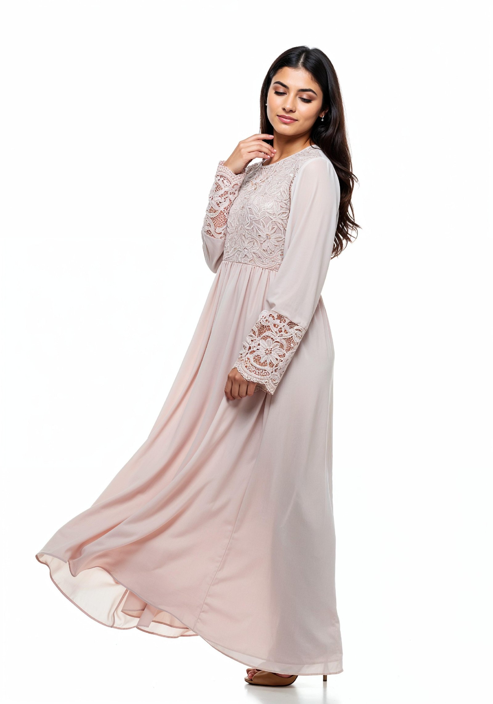 Beautiful Young Woman in Flowing Pastel Colored Modest Dress Fashion Portrait