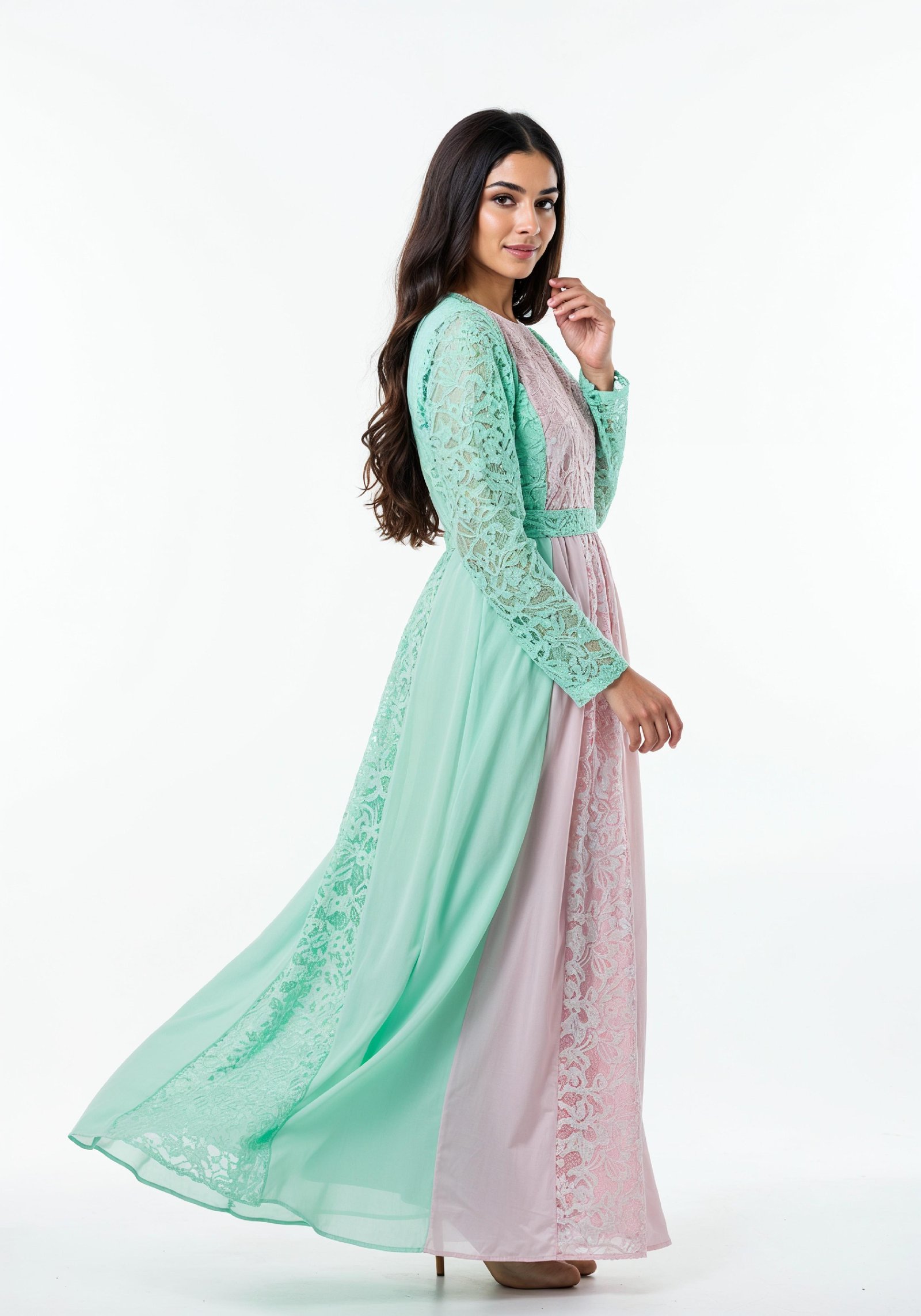 Beautiful Young Woman in Flowing Pastel Colored Modest Dress Fashion Portrait