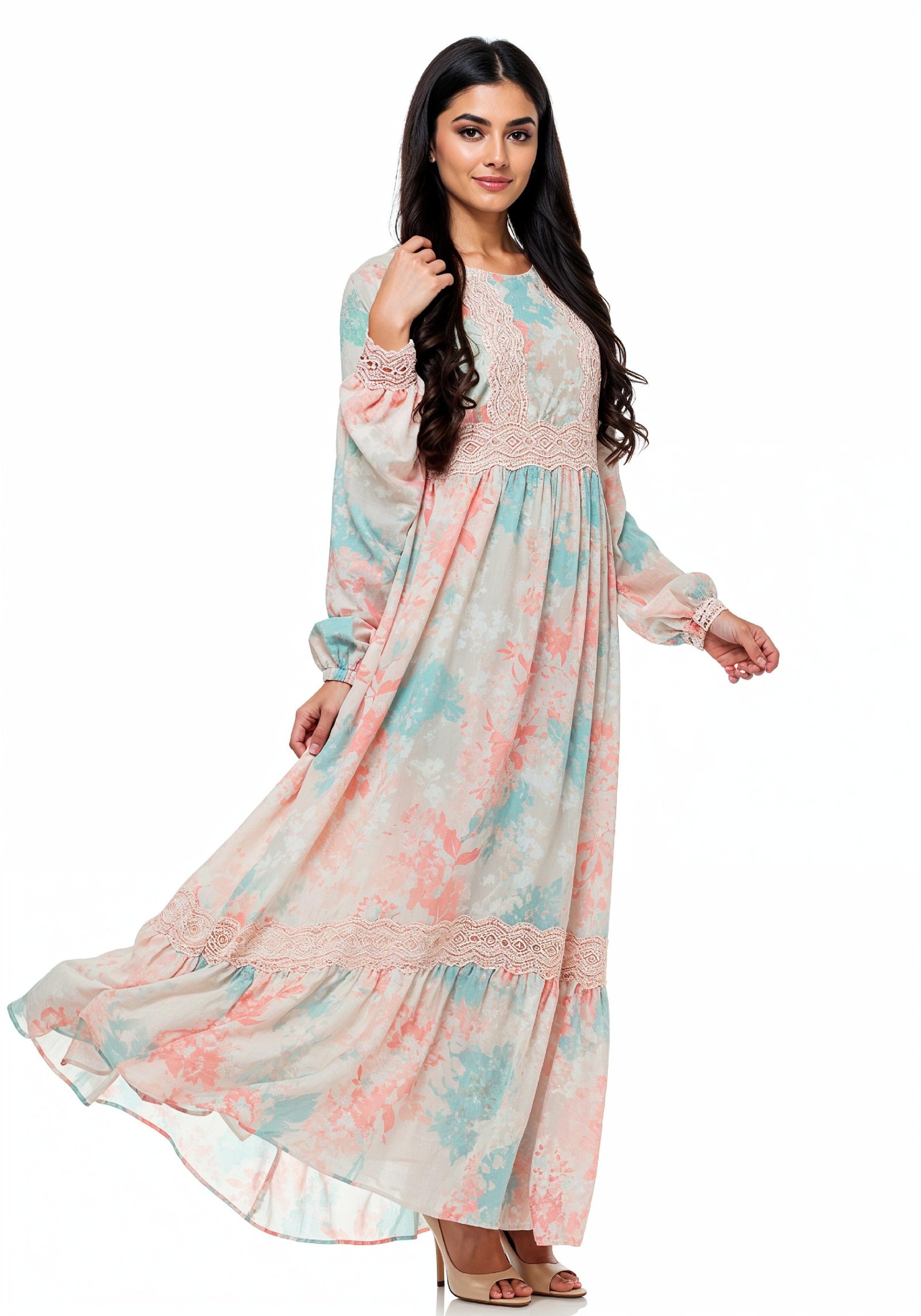 Beautiful Young Woman in Flowing Pastel Colored Modest Dress Fashion Portrait