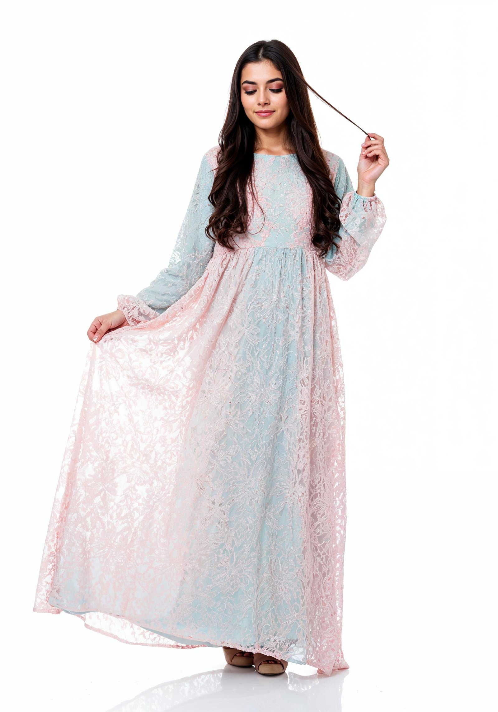 Beautiful Young Woman in Flowing Pastel Colored Modest Dress Fashion Portrait