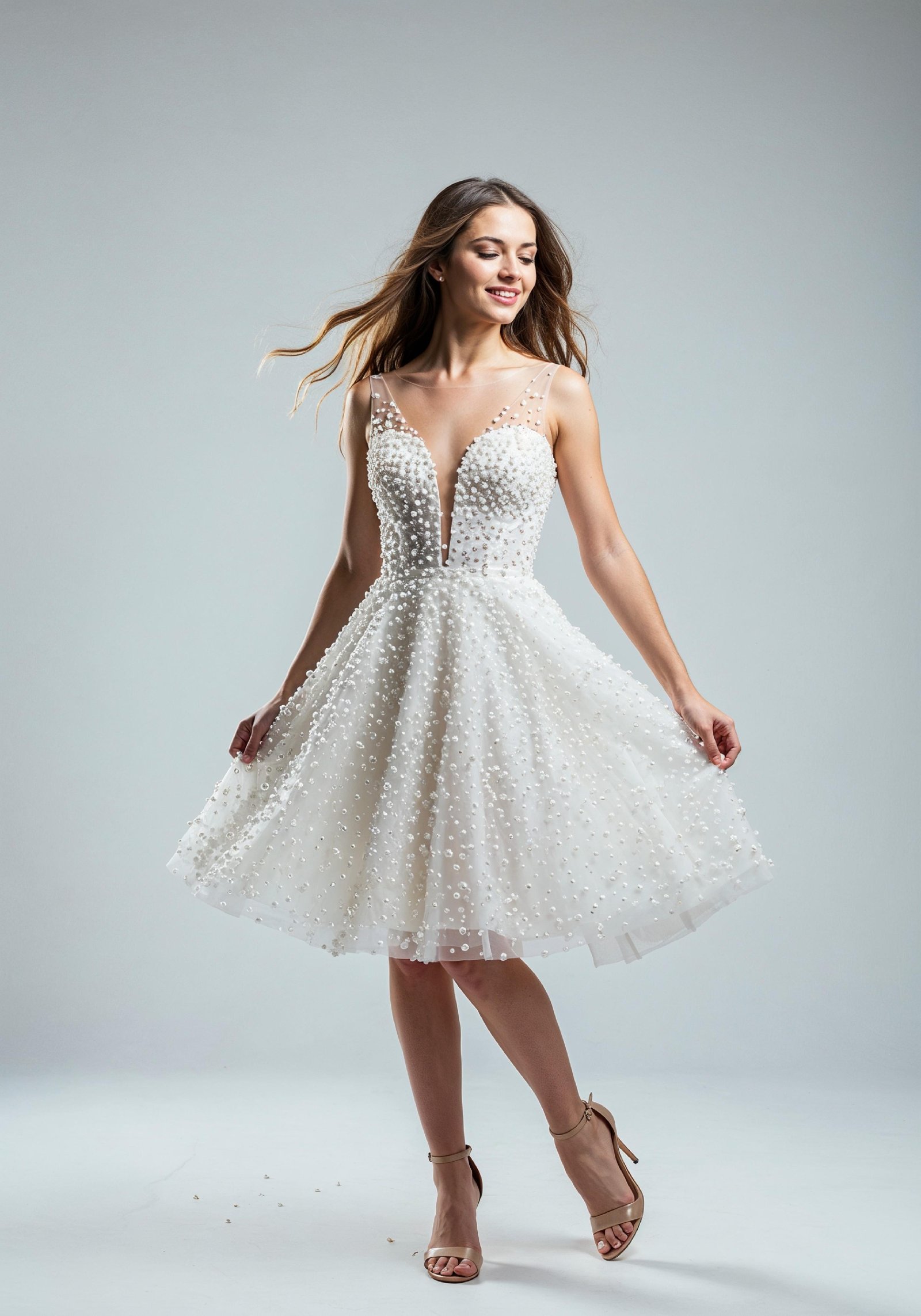 Beautiful Young Woman in Luxury White Pearl Embellished Dress Fashion Portrait