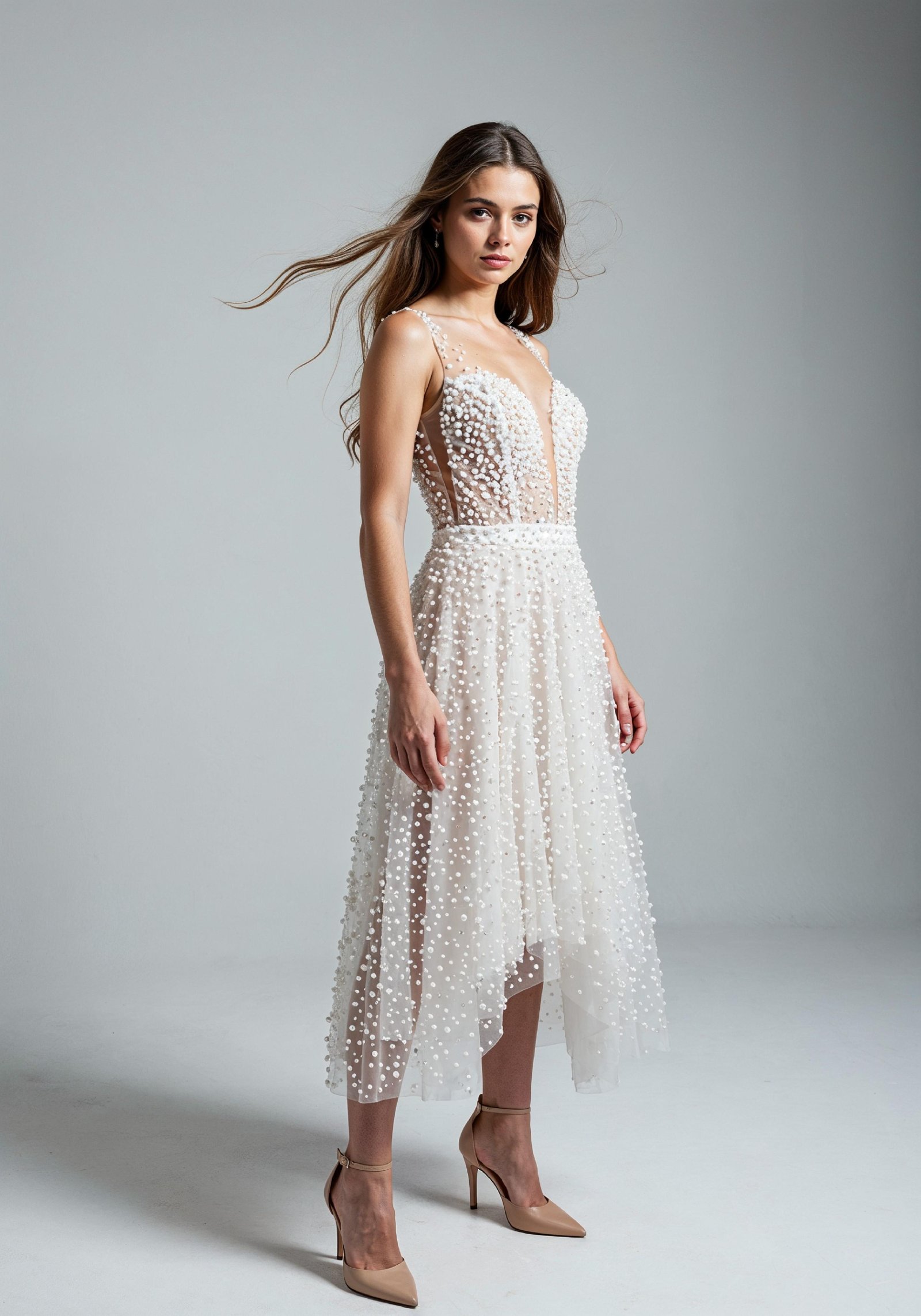 Beautiful Young Woman in Luxury White Pearl Embellished Dress Fashion Portrait