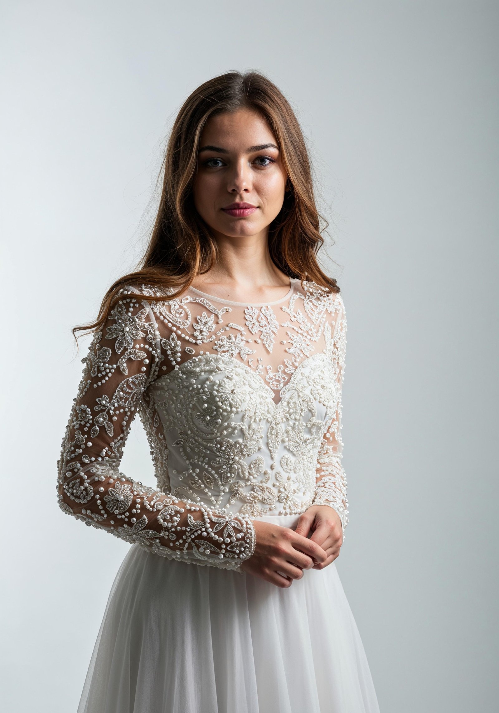 Beautiful Young Woman in Luxury White Pearl Embellished Dress Fashion Portrait
