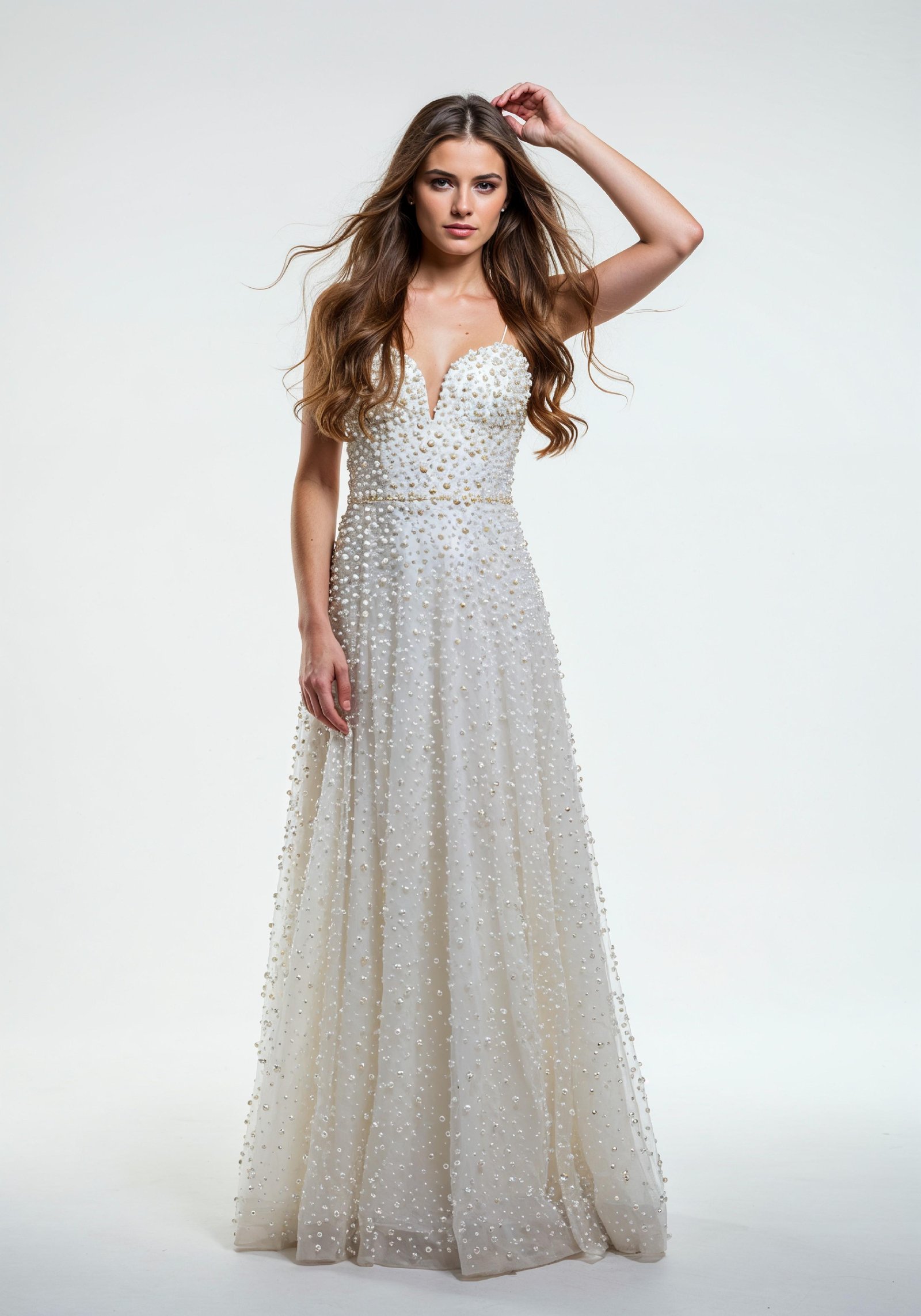 Beautiful Young Woman in Luxury White Pearl Embellished Dress Fashion Portrait