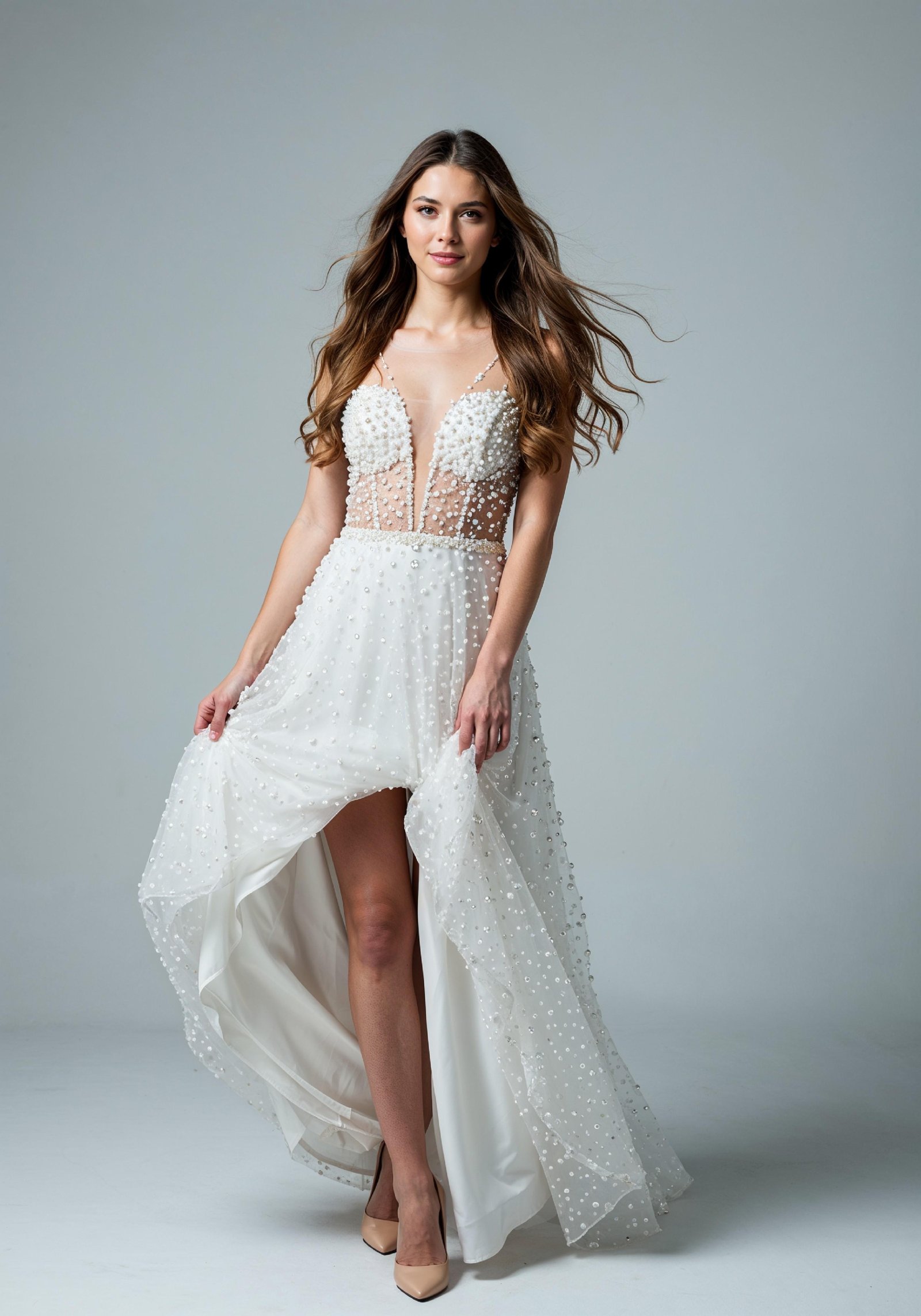 Beautiful Young Woman in Luxury White Pearl Embellished Dress Fashion Portrait