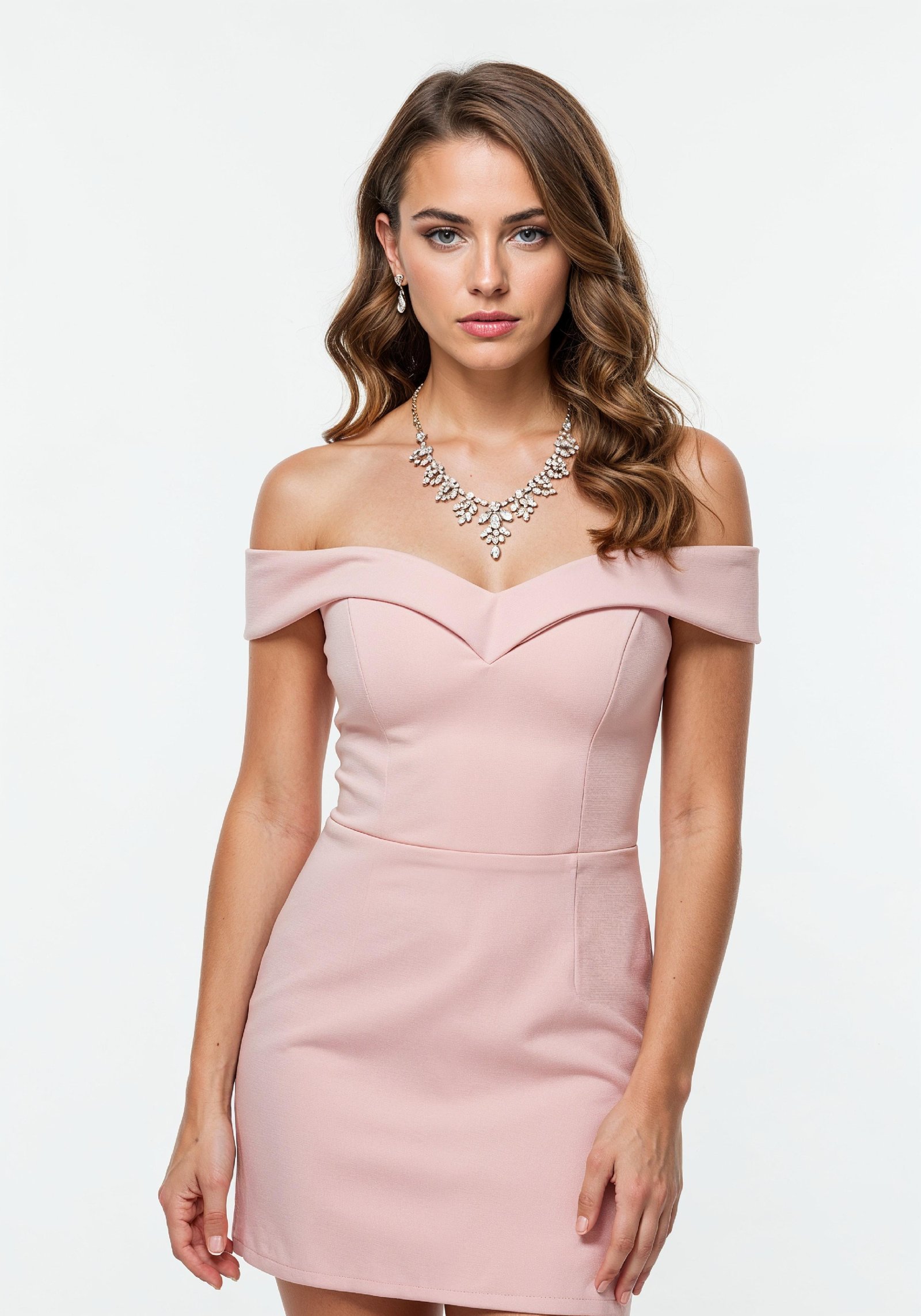 Beautiful Young Woman in Trendy Luxury Pink Off-Shoulder Dress Fashion Portrait