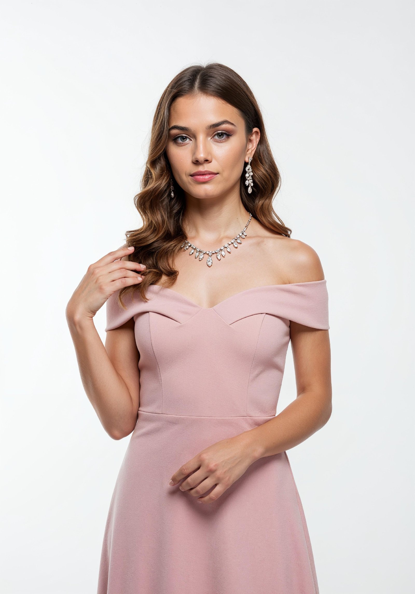 Beautiful Young Woman in Trendy Luxury Pink Off-Shoulder Dress Fashion Portrait