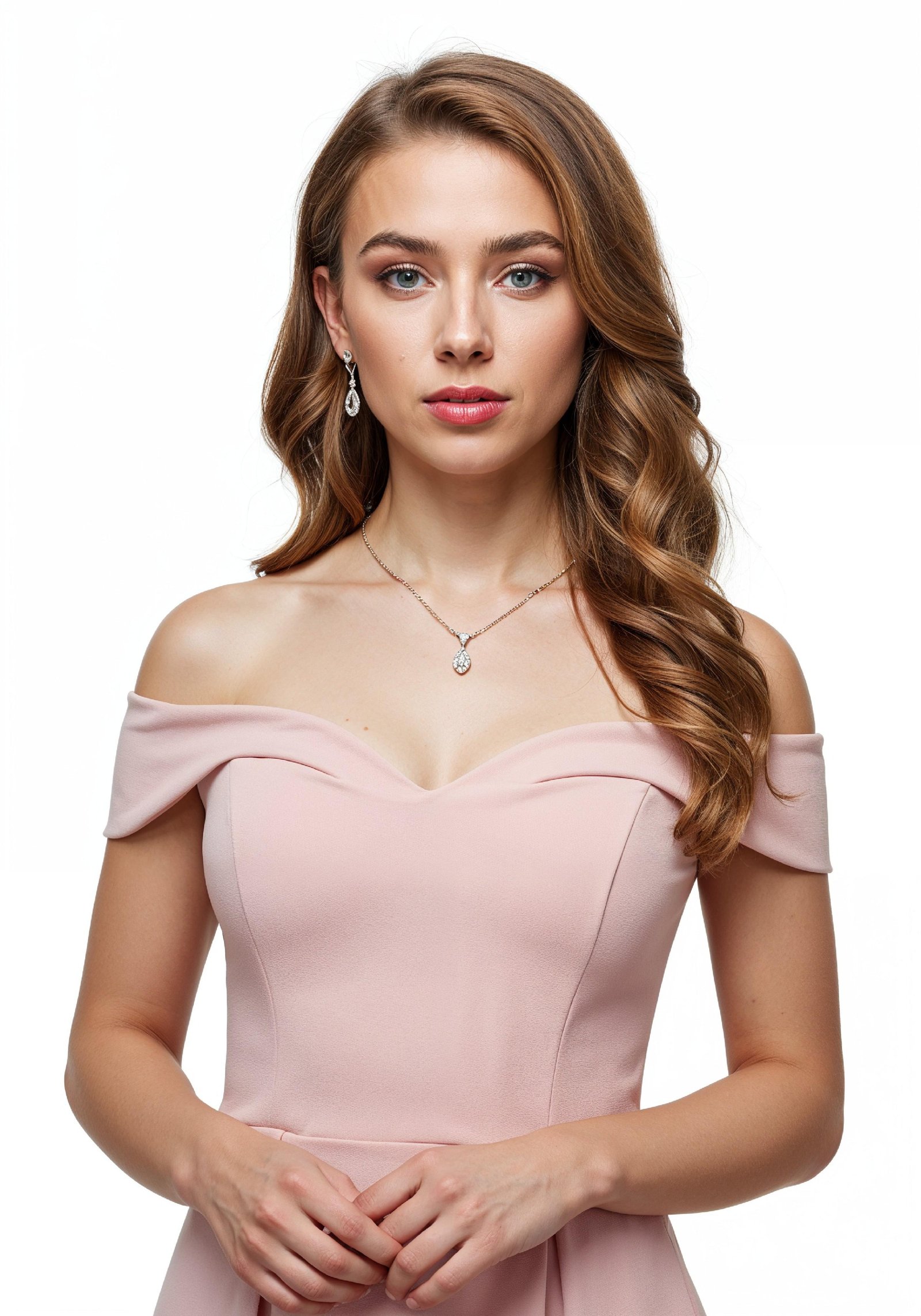 Beautiful Young Woman in Trendy Luxury Pink Off-Shoulder Dress Fashion Portrait