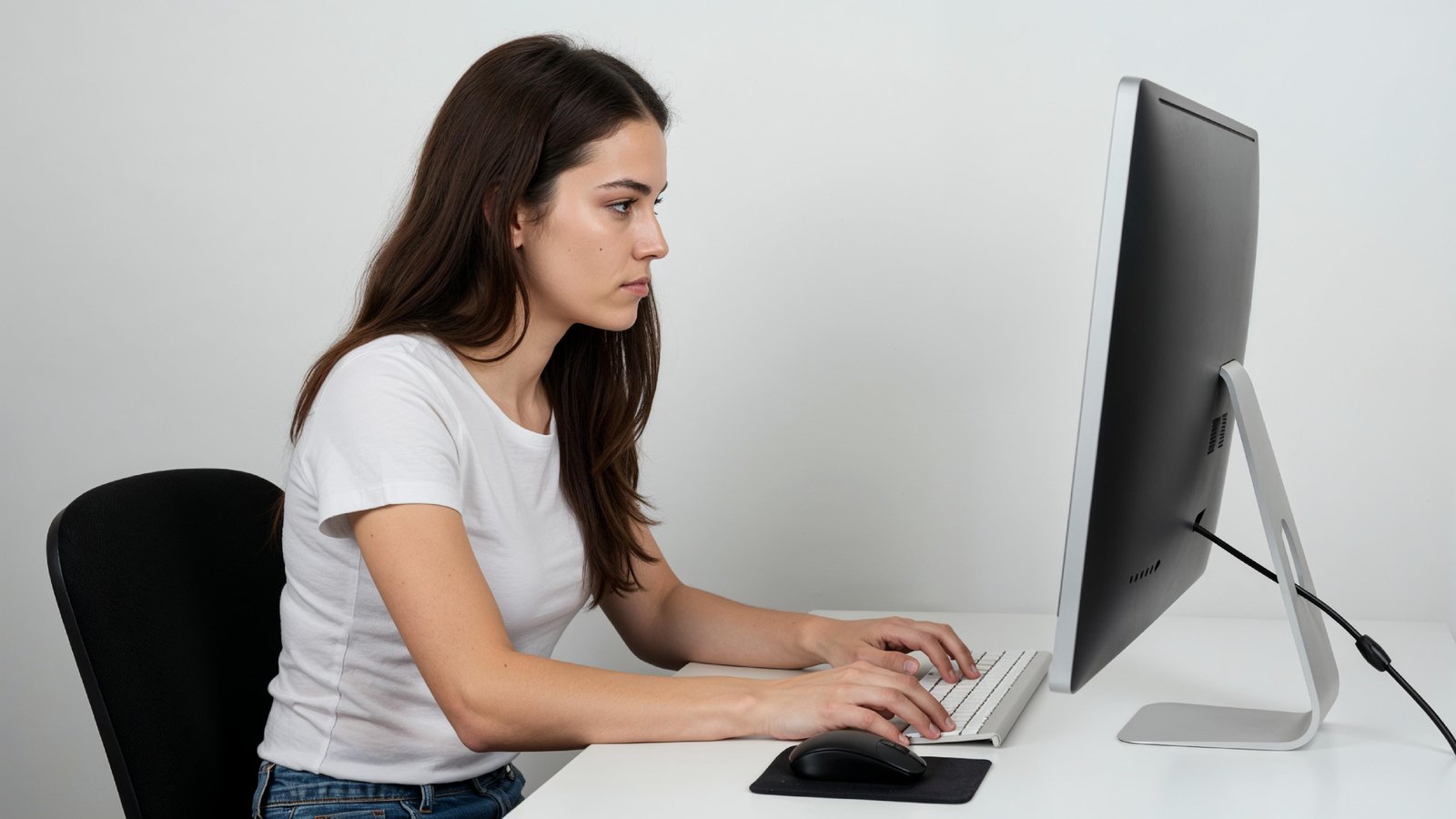 Beautiful Young Woman Working on Laptop at Modern Office Desk, Professional Business Portrait