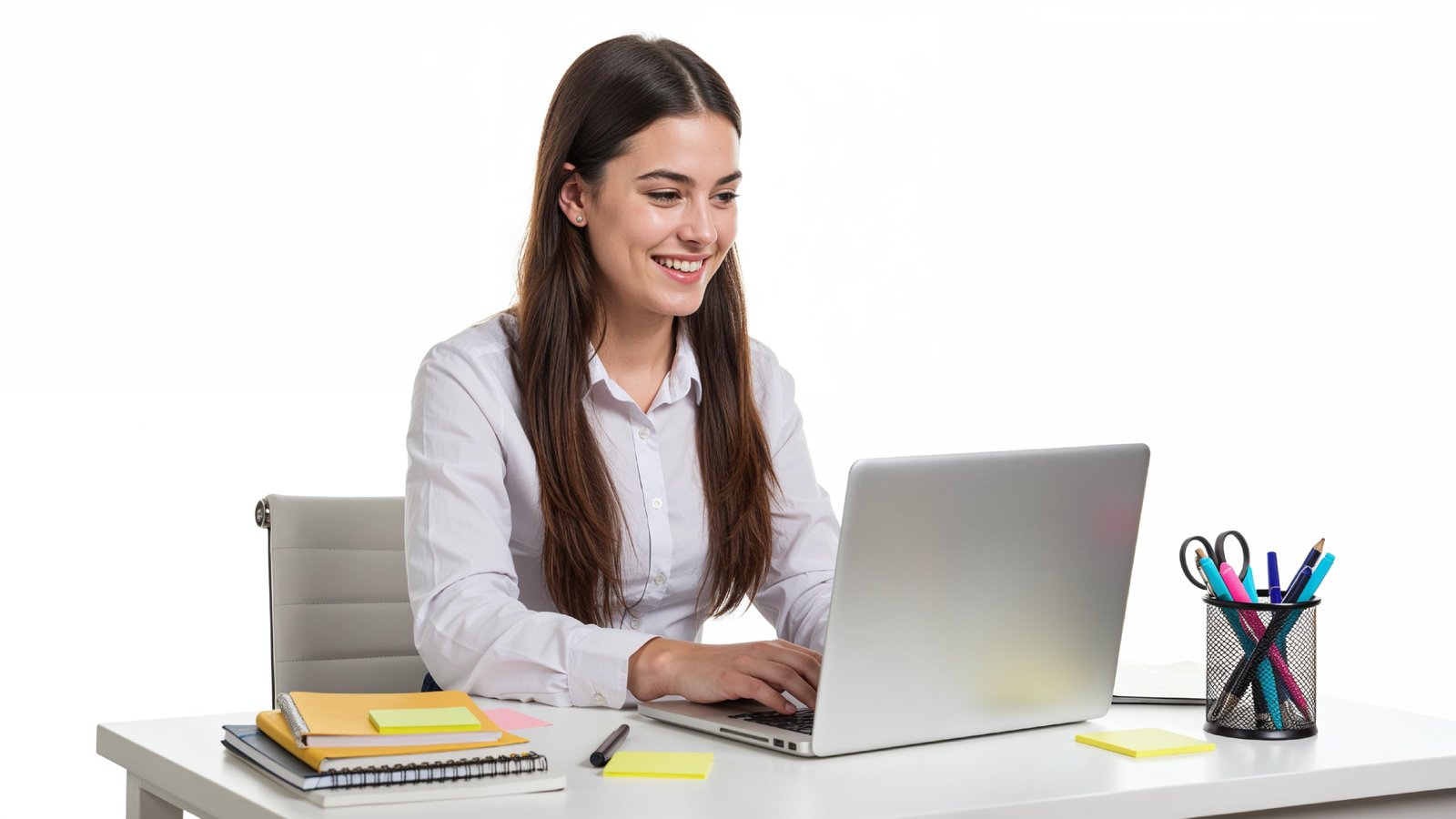 Beautiful Young Woman Working on Laptop at Modern Office Desk, Professional Business Portrait