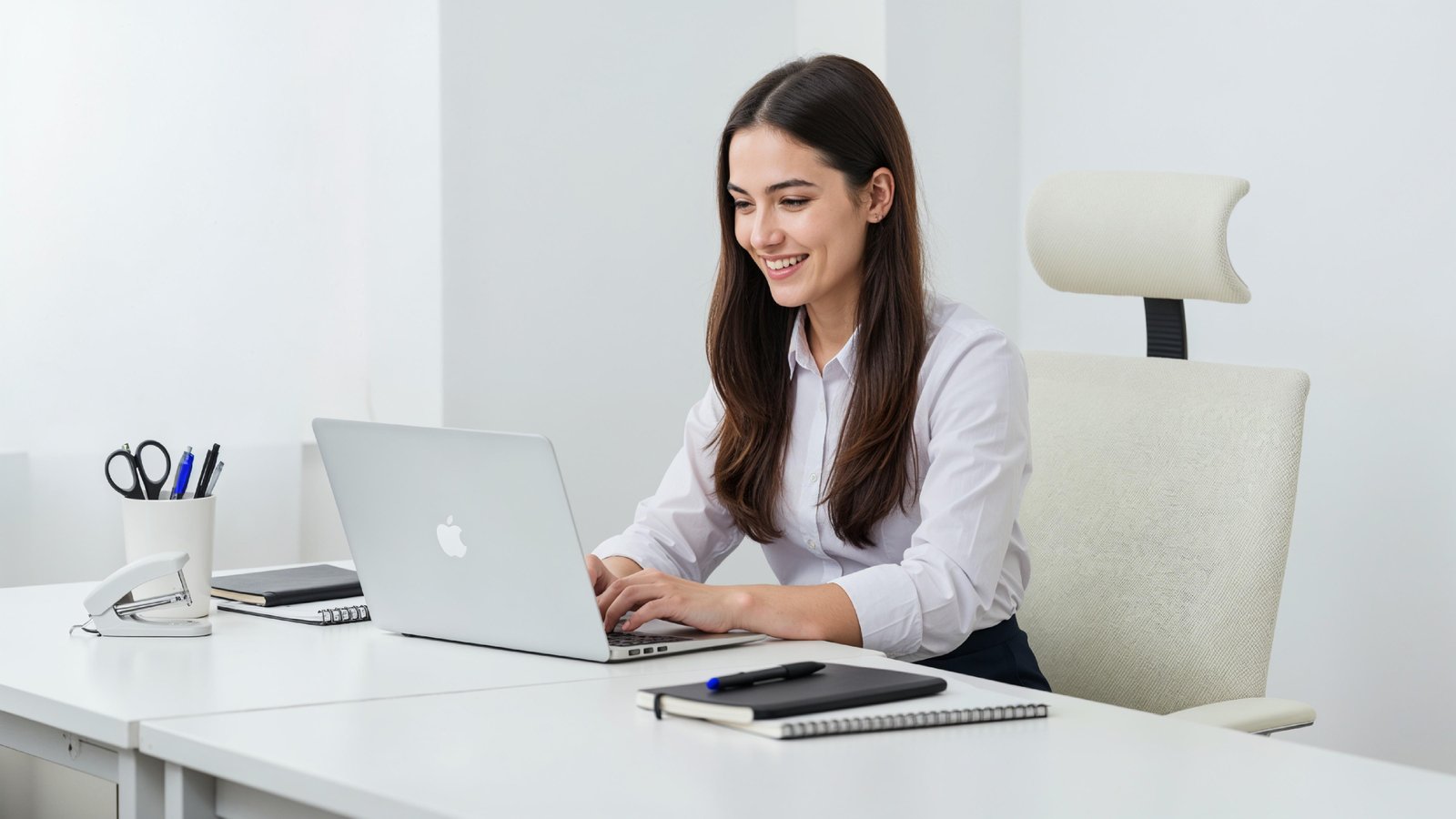 Beautiful Young Woman Working on Laptop at Modern Office Desk, Professional Business Portrait