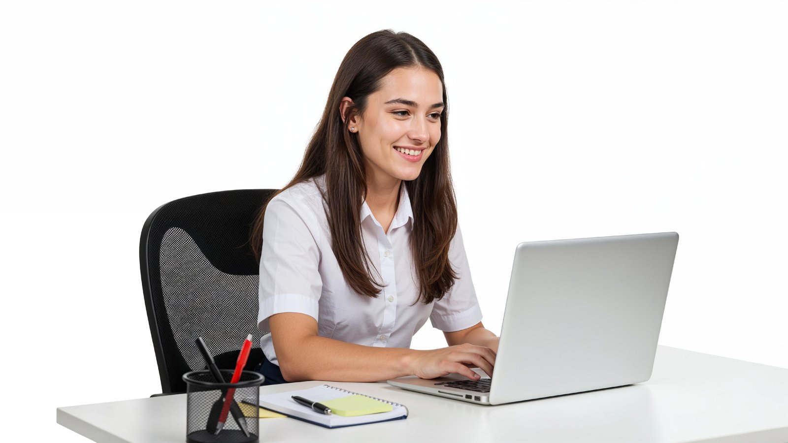 Beautiful Young Woman Working on Laptop at Modern Office Desk, Professional Business Portrait