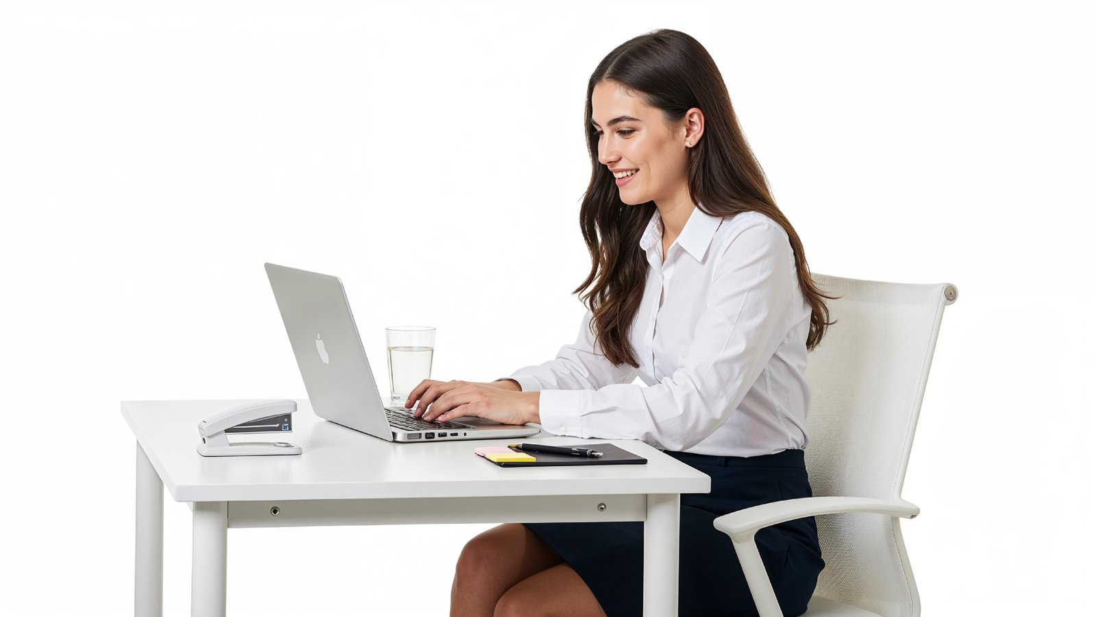 Beautiful Young Woman Working on Laptop at Modern Office Desk, Professional Business Portrait