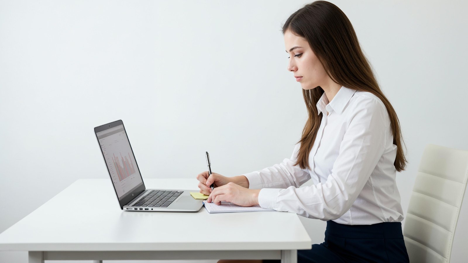 Beautiful Young Woman Working on Laptop at Modern Office Desk, Professional Business Portrait