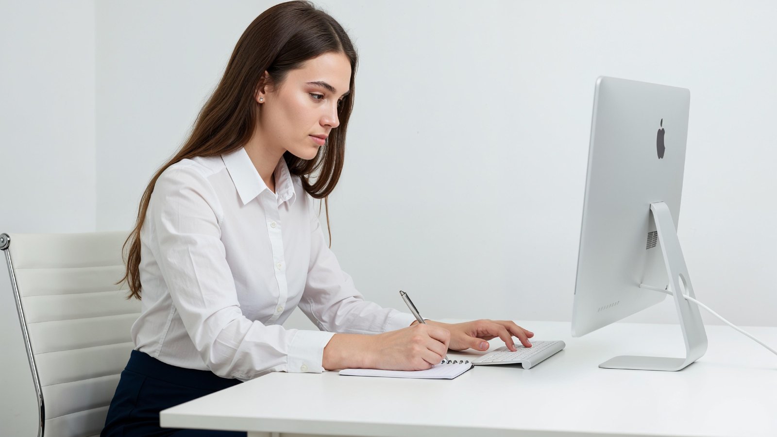 Beautiful Young Woman Working on Laptop at Modern Office Desk, Professional Business Portrait