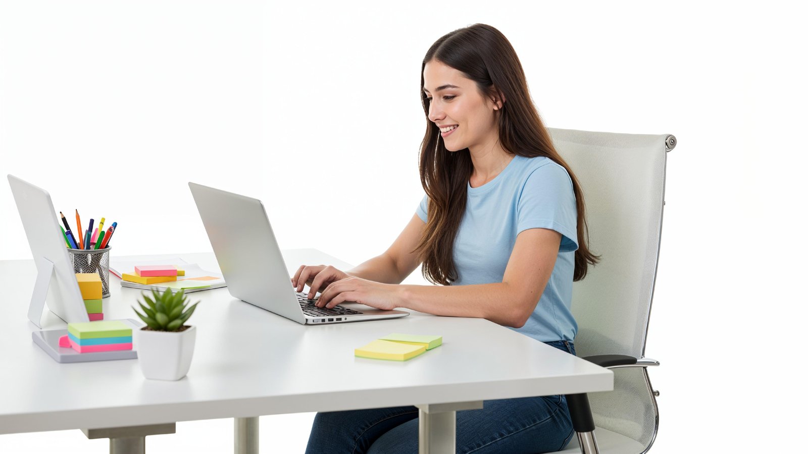 Beautiful Young Woman Working on Laptop at Modern Office Desk, Professional Business Portrait