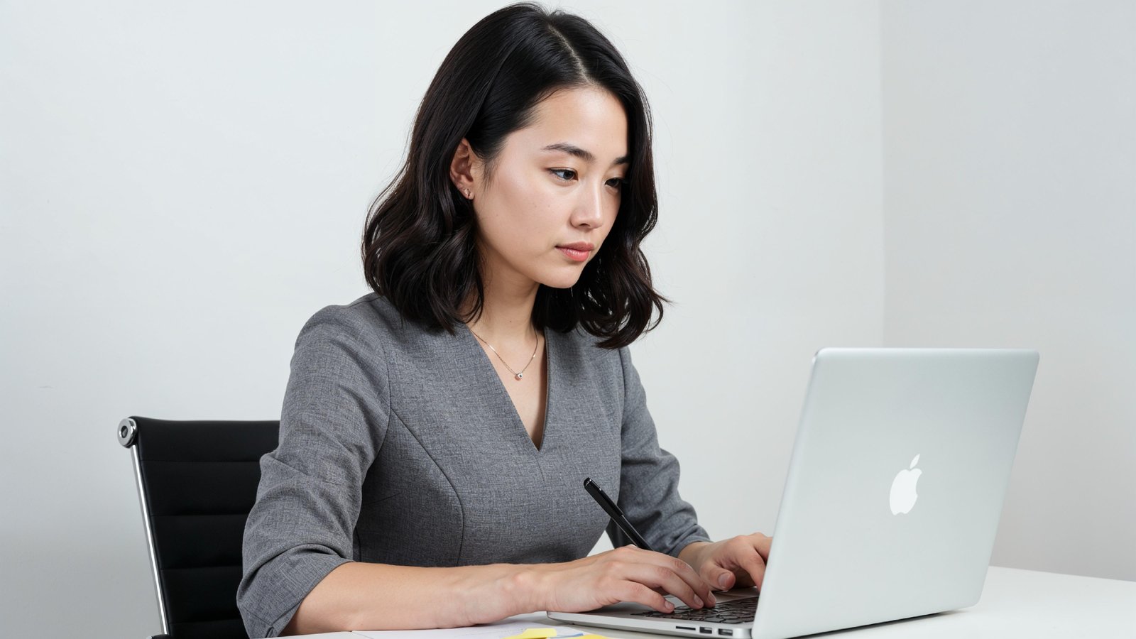 Beautiful Young Woman Working on Laptop at Modern Office Desk, Professional Business Portrait