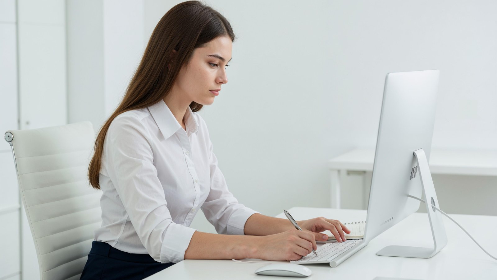Beautiful Young Woman Working on Laptop at Modern Office Desk, Professional Business Portrait