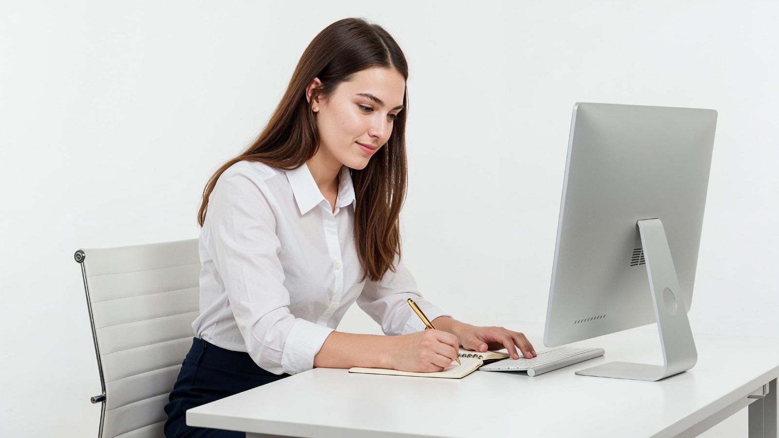 Beautiful Young Woman Working on Laptop at Modern Office Desk, Professional Business Portrait