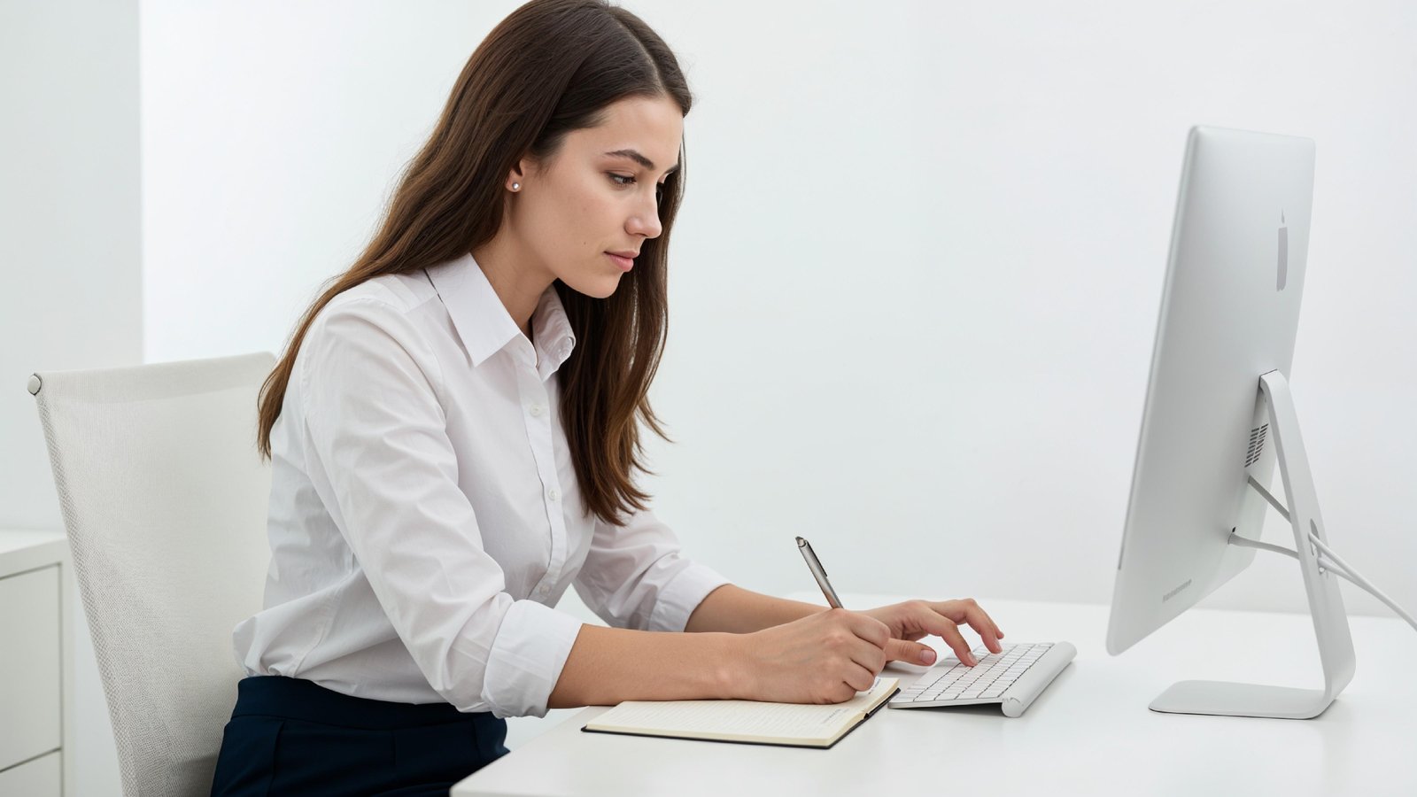 Beautiful Young Woman Working on Laptop at Modern Office Desk, Professional Business Portrait